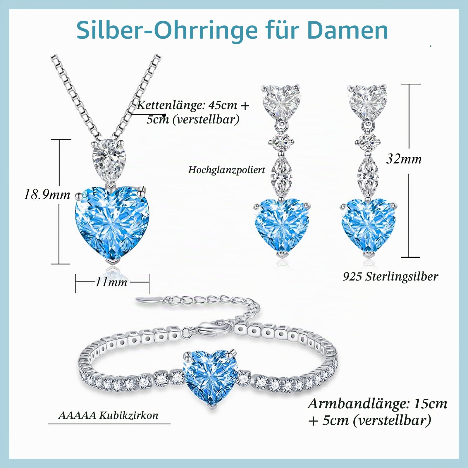 Silber Schmucksets für Damen, 925 Sterling Silber Herz Halskette Ohrringe Armband Set, 3PCS Anhänger mit 45cm Kette & Hängeohrringe & Armkette, Herz Schmuck Set mit Zirkonia mit Geschenkbox