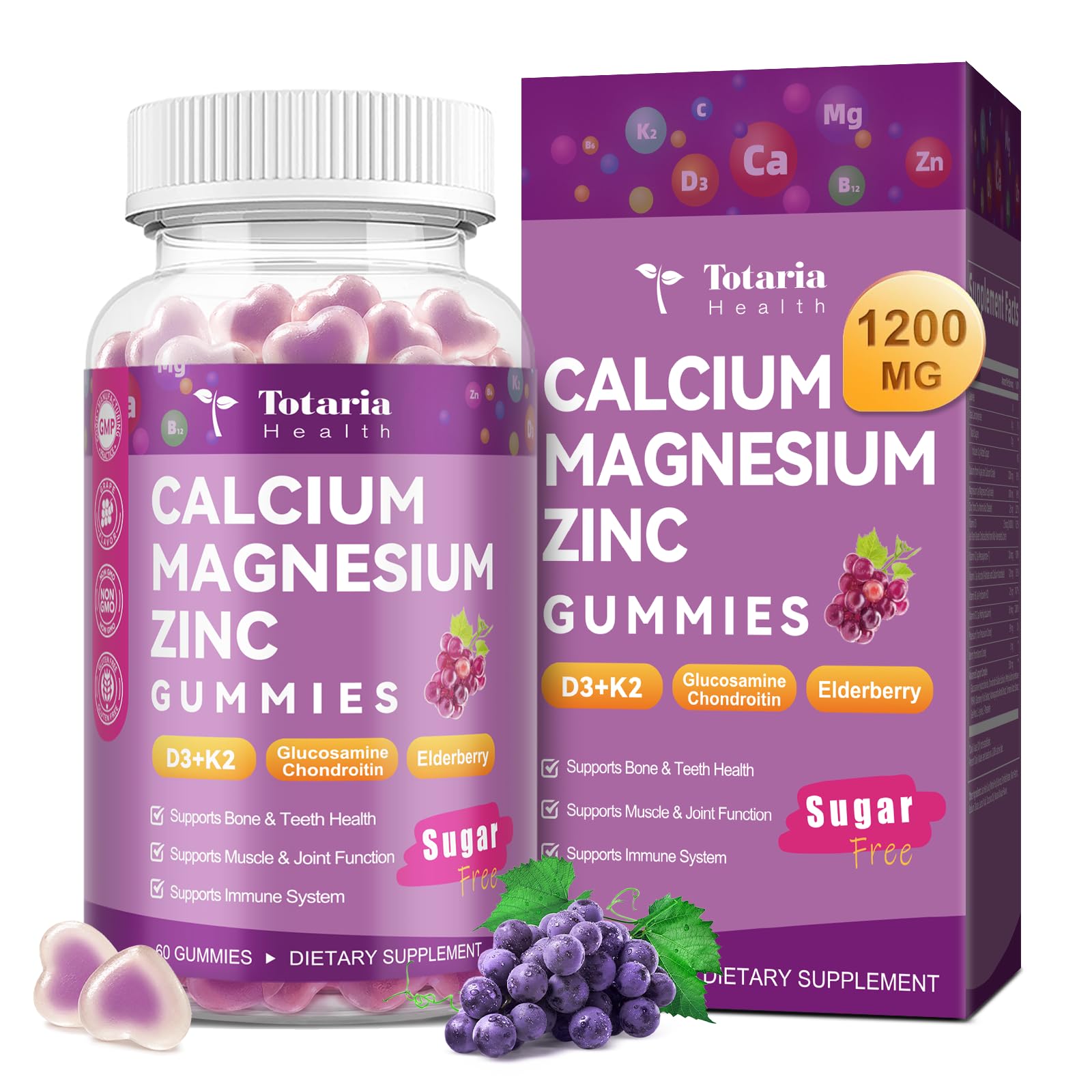 Totaria Sugar Free Calcium Magnesium Zinc Gummies for Women Men, 19-in-1 Ultimate Absorption Calcium 1200 mg Supplements with Vitamin D3 K2, Boron, B12, Ashwagandha, for Bone, Teeth, Calm, Vegan Grape 60 Count (Pack of 1)