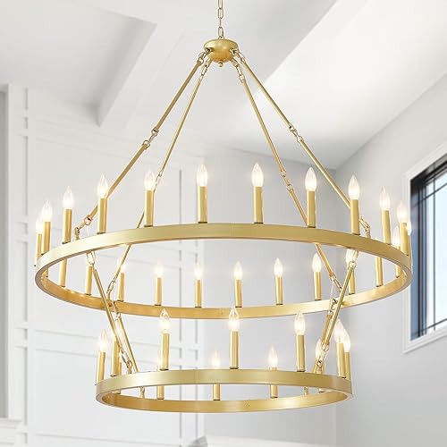 EGM Candelabro de rueda de carro de 2 niveles, 30 luces, 40 pulgadas, extra grande, de níquel, redonda, rústica, para techos altos (2 niveles)