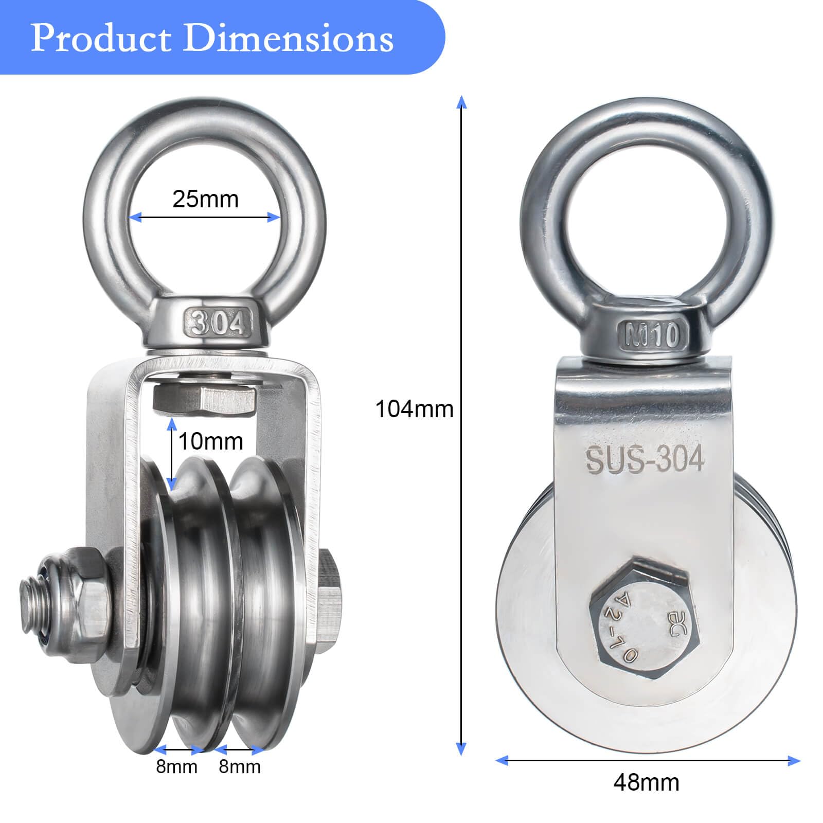 2 Stück Doppelte Umlenkrolle mit 2 Kugellager, Edelstahl Flaschenzug，Umlenkrollen für 8mm Seile Stahlseil, Tragkraft 500kg