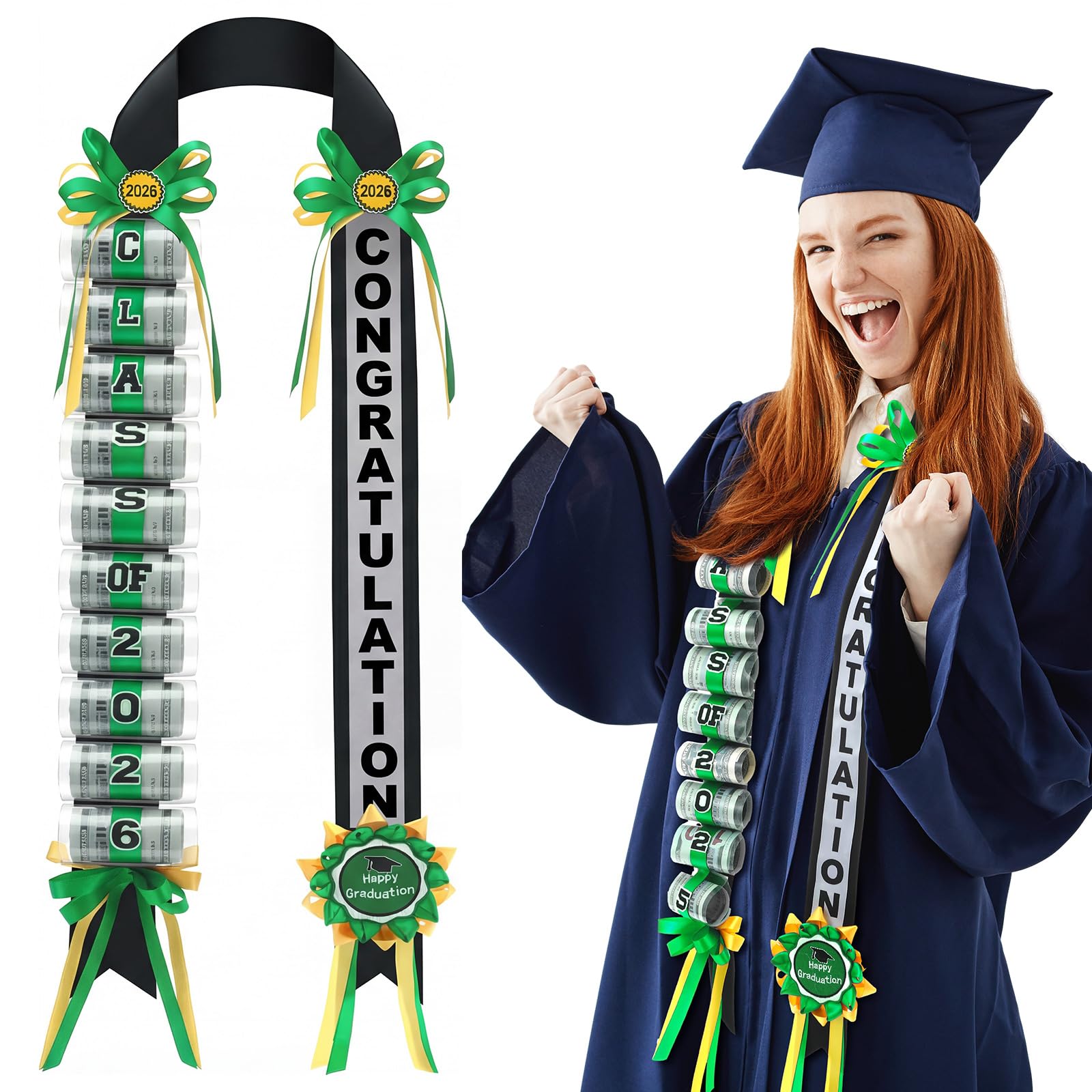 Lyrow Graduation Money Lei Class of 2026 Double Braided Lei Gift Graduation Cash Gifts Pull Ideas for High School College Party Supplies(Green)