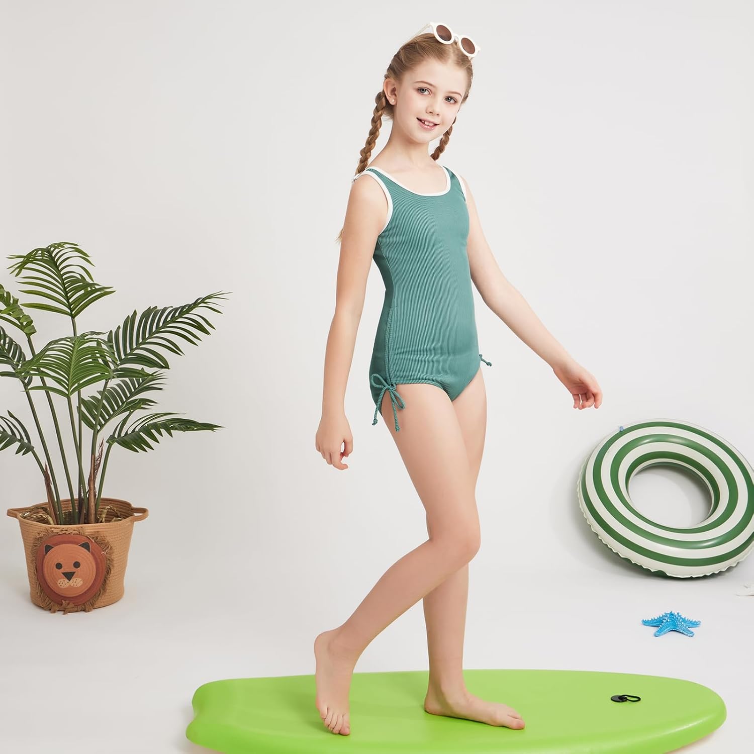 Weixinbuy Girls Swimsuit Ribbed Bathing Suit for Girls Adjustable Strap Color Block Summer Beach One Piece Swimsuit - Image 5