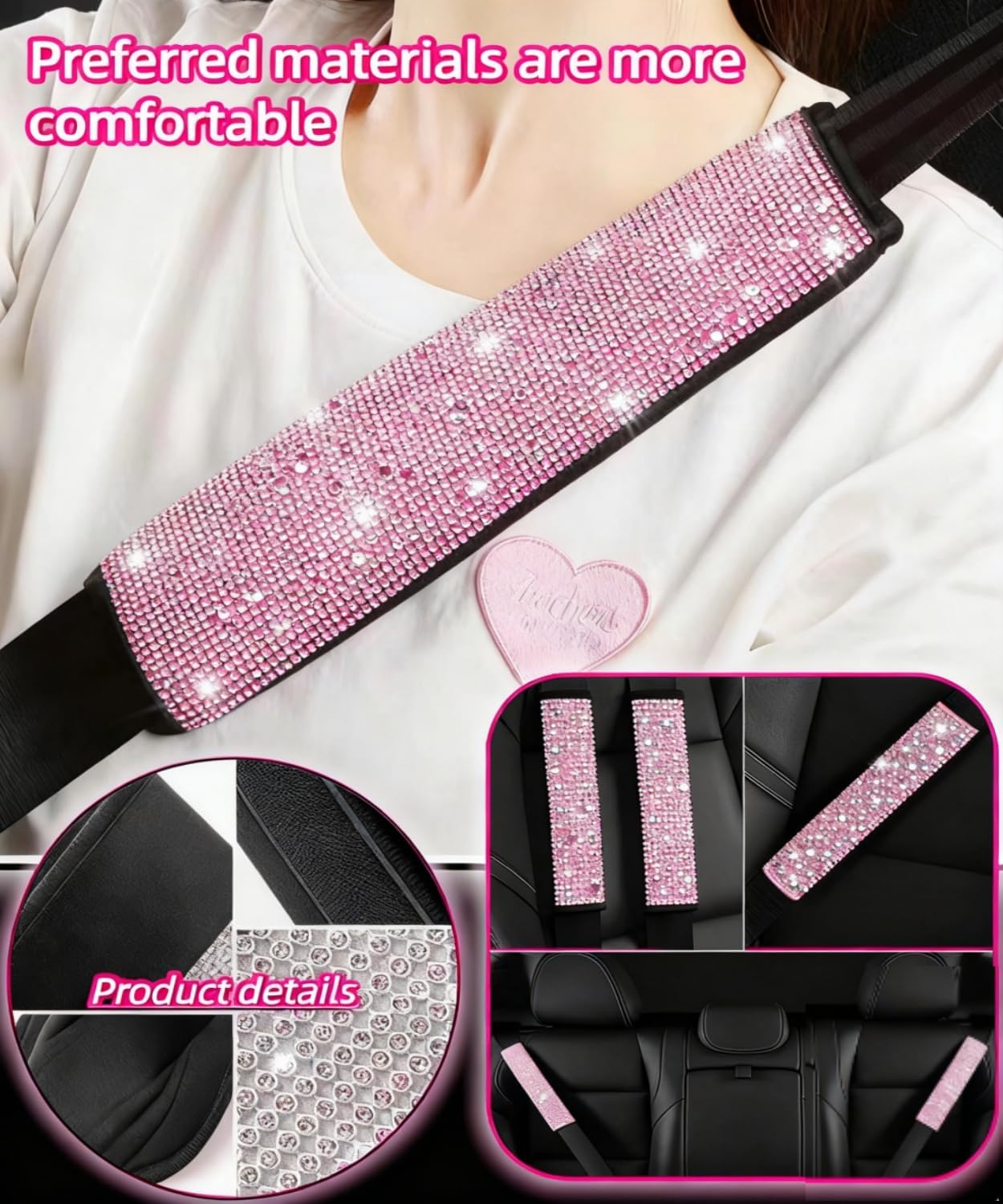 11 pcs Bling Car Accessories Set for Women, Steering Wheel Cover, Sparkly Seat Belt Covers, Daisy Vent Clips, Bling Shift Cover，Universal Fit Most Cars (Pink Diamond)