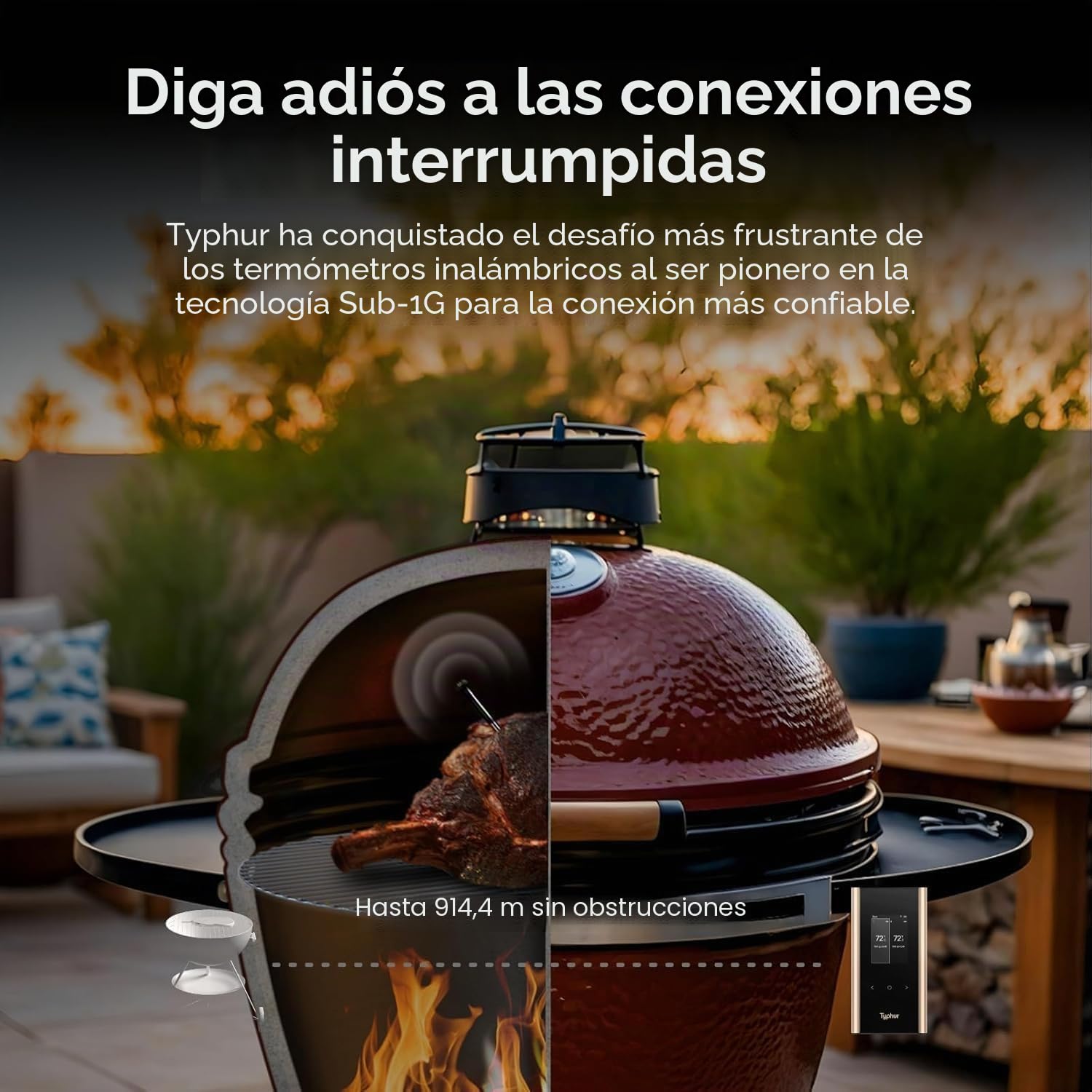 Typhur Sync Gold Termómetro Inteligente para Carne Inalámbrico con 2 Sondas | Señal Sub-1GHz 10x, 6 Sensores por Sonda, NIST ±0,3 °C, IPX8, Base de Aluminio y App con IA para BBQ, Horno, Ahumado