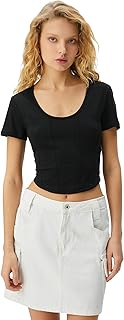 KOTON Womens Crop T-Shirt Corset Look Slim Fit Short Sleeve U Neck Cotton T-Shirt (pack of 1)