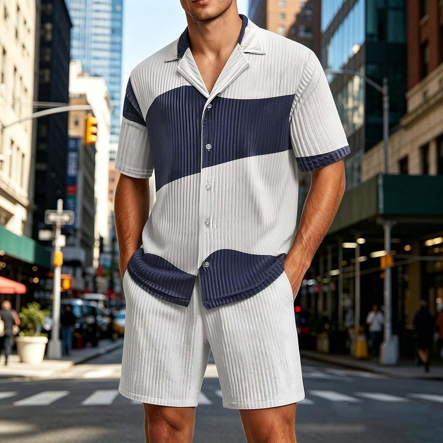 Men's Button Down Lounge Set Loose Shirts Shorts Beach Outfits | Colorblock Hawaiian 2 Piece Sets for Men, Summer Casual Vacation Two Piece Outfit Soft Tracksuit