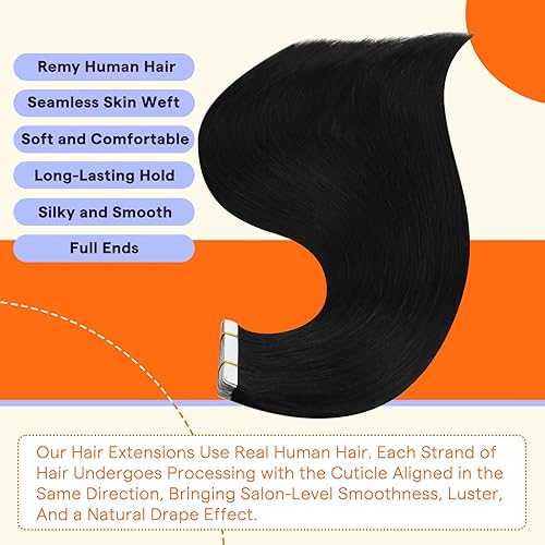 Miniatura 2 de Full Shine - Extensiones adhesivas de cabello Remy de 10 pulgadas, extensiones de cabello humano color negro desteñido de 1.06 oz, extensiones de