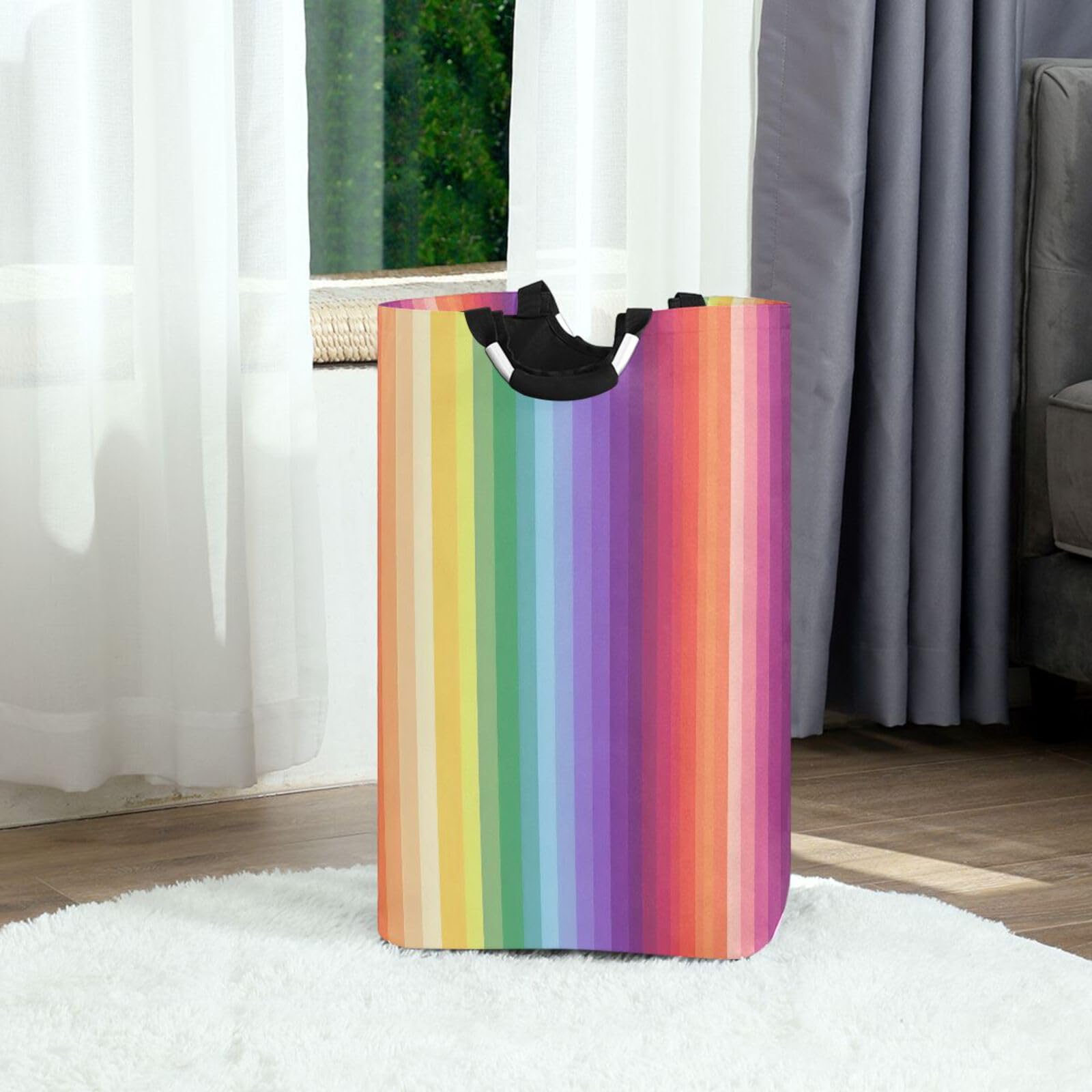Jihqo Laundry Hamper Basket Vertical Rainbow Stripe Collapsible Nursery Storage Bin Waterproof Clothing Baskets for Home Bedroom Bathroom Washing Room