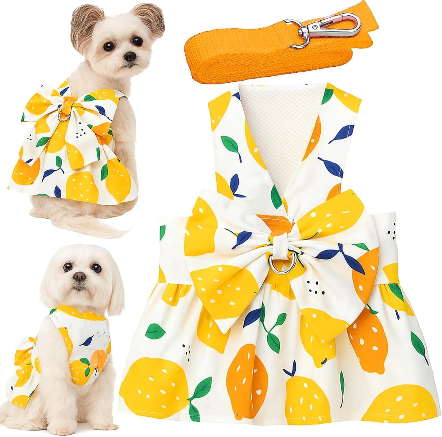 Dog Dress Bowknot Harness Leash Set for Small Dogs Yellow Lemon Dog Cat Clothes Cute Puppy Outfits Pet Clothes Spring Summer Breathable Dresses(Medium)