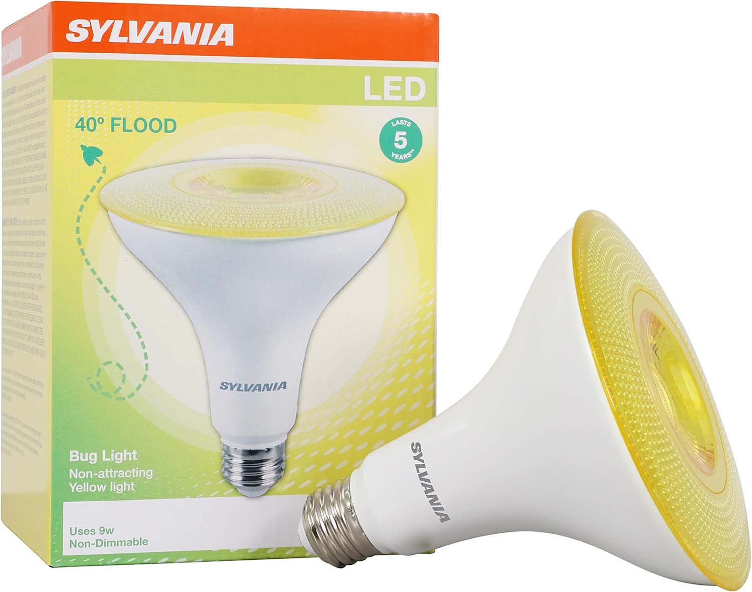 Sylvania LED Flood PAR38 Yellow Bug Light Bulb, Efficient 9W, Non-Dimmable, 5 Year, E26 Medium Base - 1 Pack (40822)
