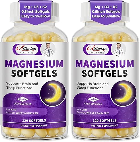 Paquete de 2 Suplemento de Cápsulas Blandas de Glicinato de Magnesio de Alta Absorción de 400mg, Magnesio con Calcio - Altamente Biodisponible de Alliwise
