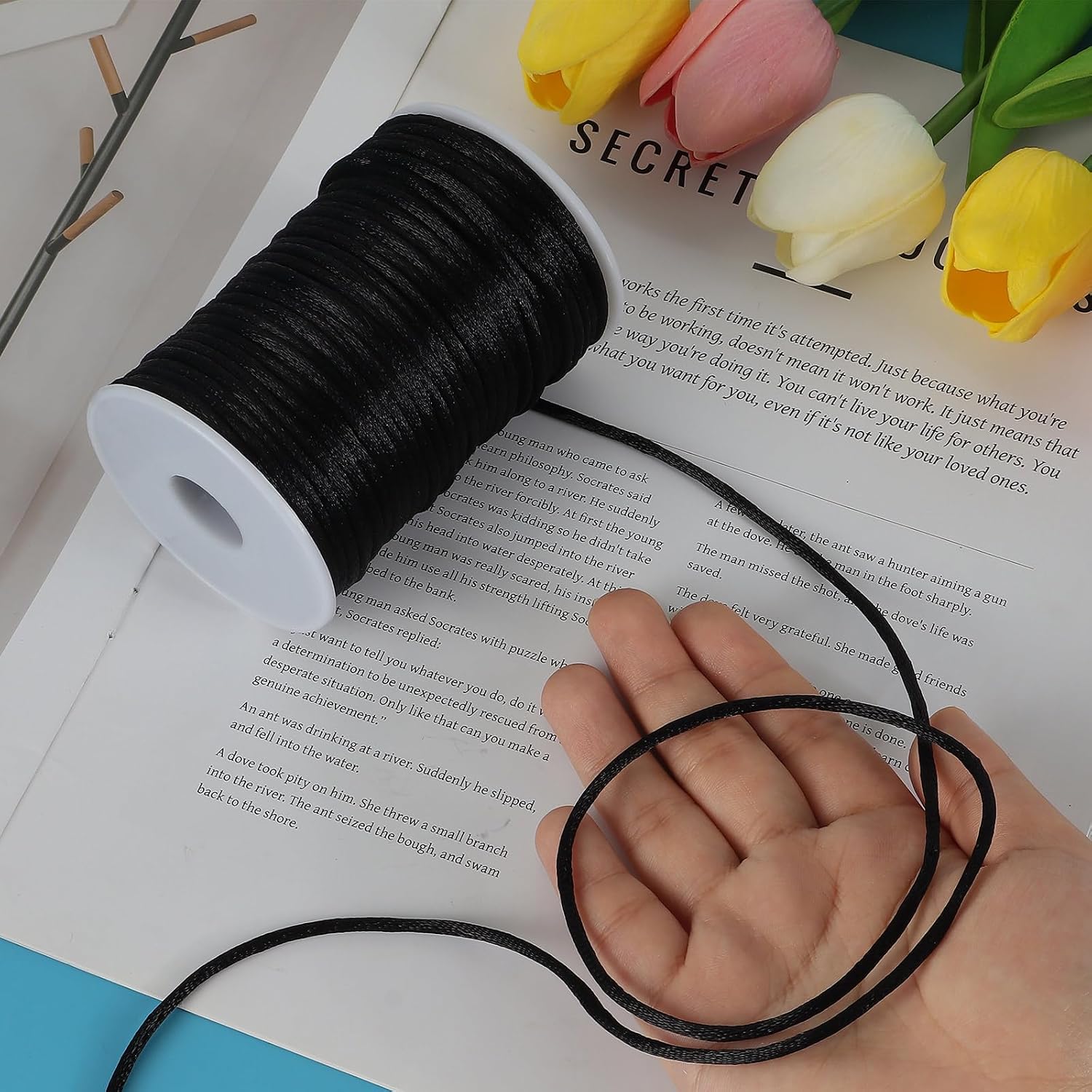 3MM 55 Yards Black Nylon Cord, Wind Chime Cord for Bracelet Necklace Jewelry Making, Braided Satin Nylon String for Beading Thread Rattail Macrame Kumihimo Crafts Chinese Knotting