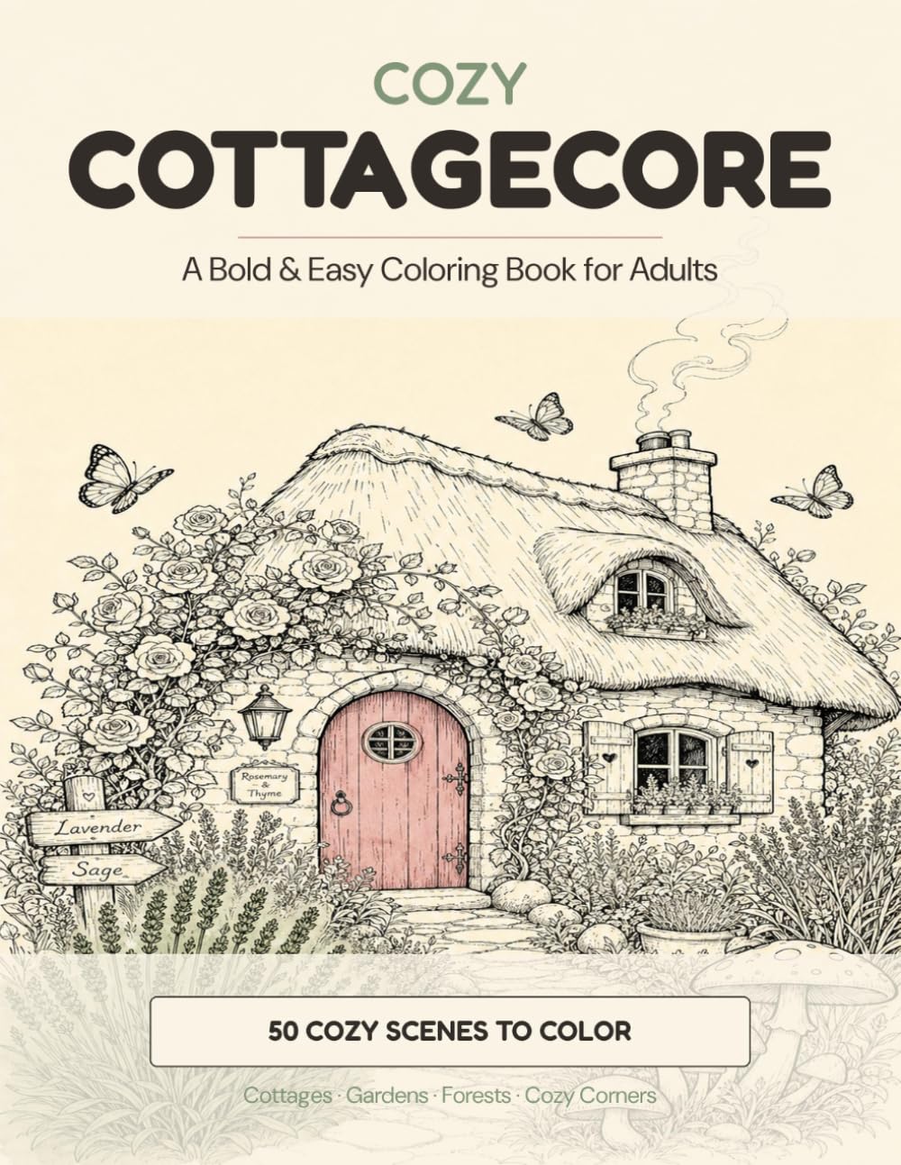 Cozy Cottagecore Coloring Book for Adults: 50 Charming Bold & Easy Scenes — Cottages, Gardens, Forest Friends, Cozy Kitchens & Whimsical Countryside for Stress Relief & Relaxation