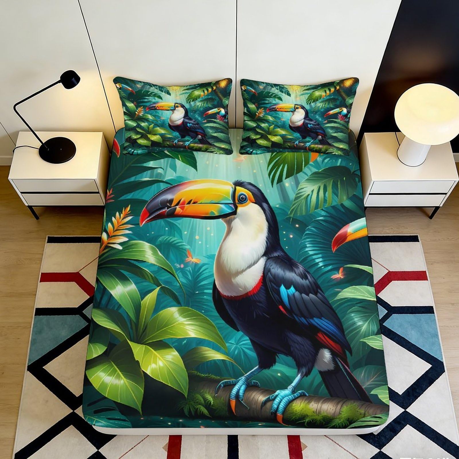 3D Printed Tropical Toucan Fitted Sheet Microfiber Soft Mattress Cover Jungle Leaves Bed Decor for Bedroom Guest Room 200x200x25cm