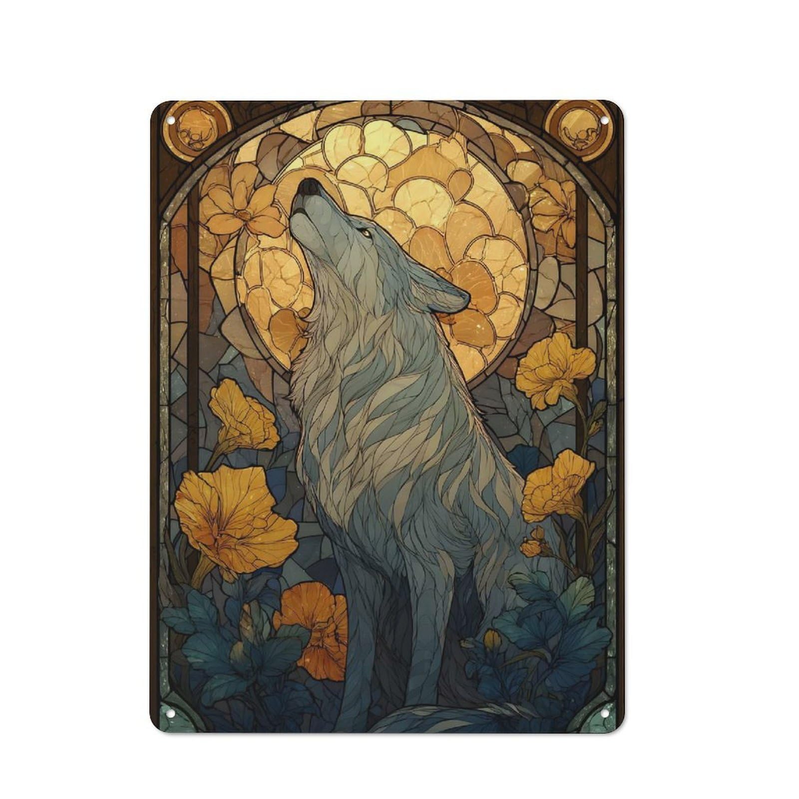 Junmoney Style Stained Glass Wolf Howling At Moon Rustic Tin Wall Plaque 40X30cm For Kitchen Or Home Bar, A Winter Wall Decor Update For Kitchen Decor Lovers
