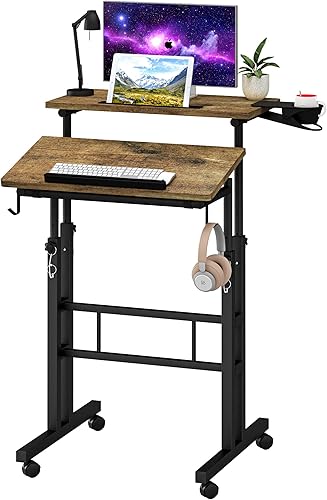 Klvied Rolling Mobile Desk with Cup Holder, Portable, Adjustable Height Small Stand up Desk on Wheels for Home Office Laptop Cart, Computer,