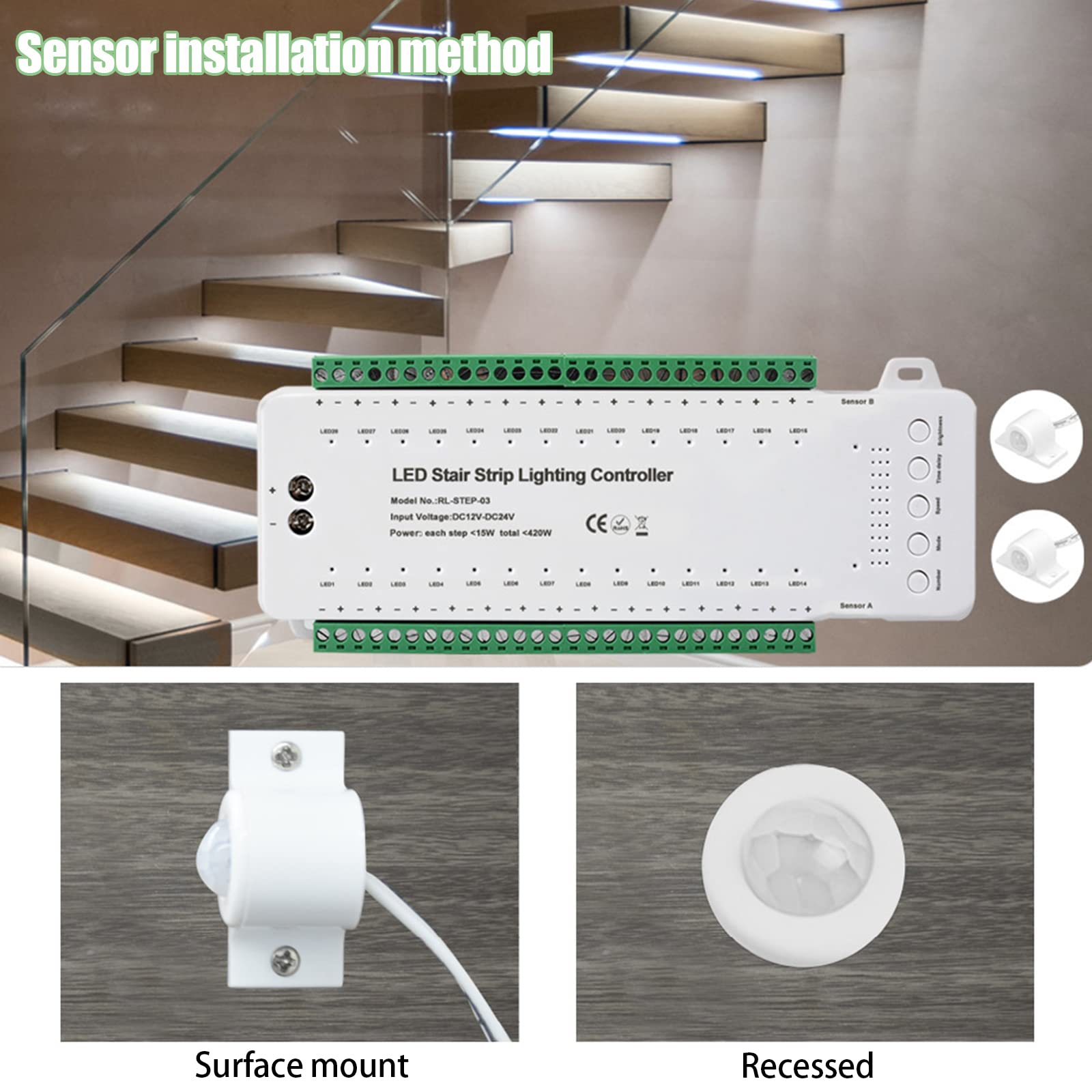 Contrôleur d'éclairage d'escalier à LED avec détecteur de mouvement, 28 niveaux, contrôle d'éclairage d'escalier, contrôleur d'éclairage d'escalier à LED