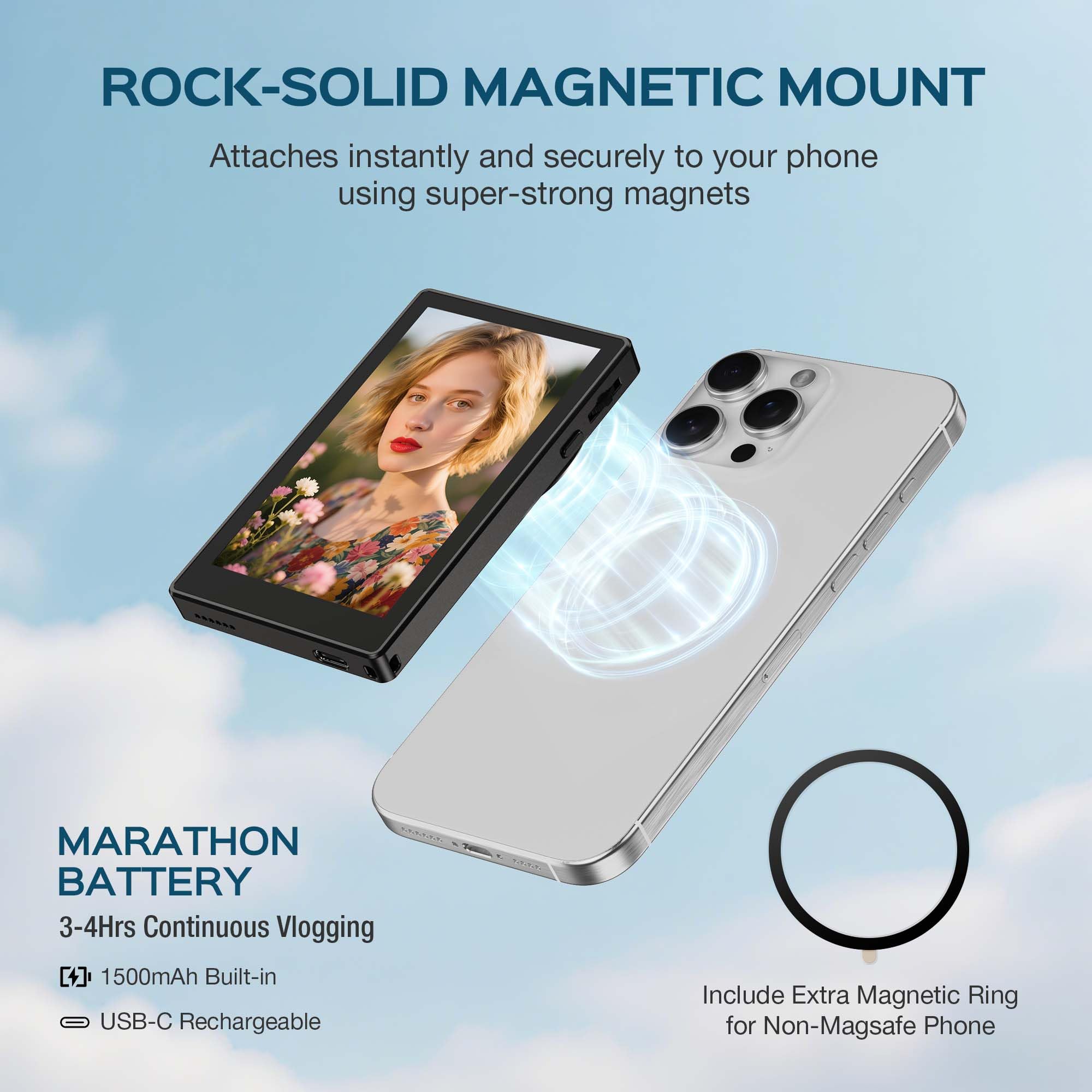 AMAZEAR Teléfono magnético Vlog Selfie Monitor pantalla con control táctil, HD Wireless Bluetooth Remote, cámara trasera para Live Stream TikTok YouTube, compatible con iPhone y Android