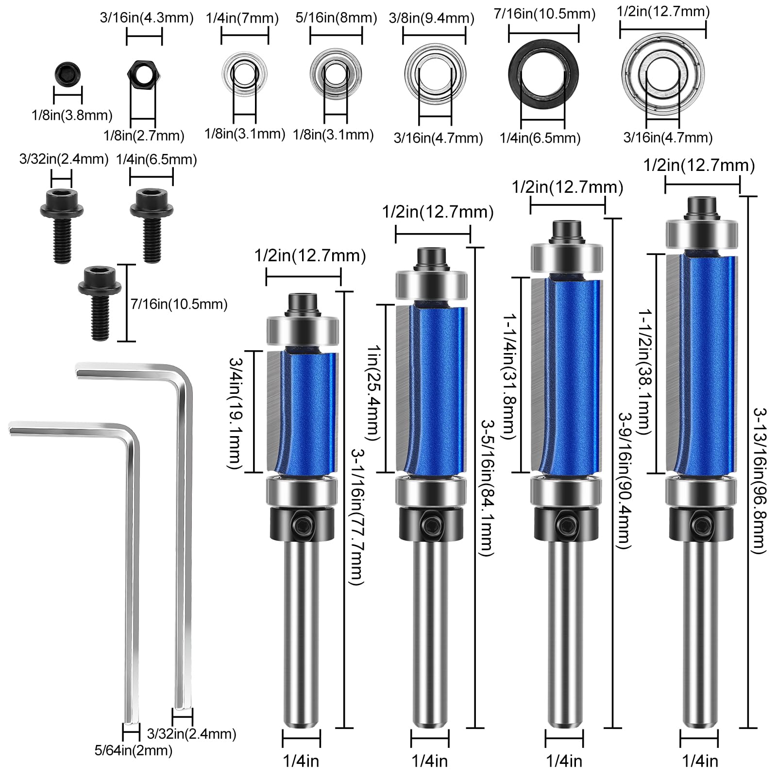 Linkstyle 4pcs Flush Trim Router Bit Set, 1/4" Shank Carbide Router Cutters with Top & Bottom Bearings, Hex Wrenches - Image 2