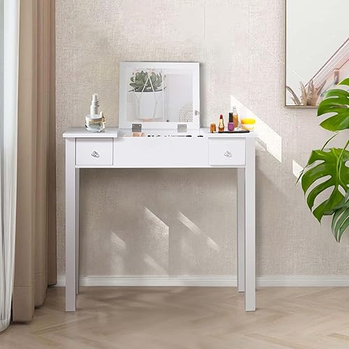 Miniatura 8 de Tocador de maquillaje con espejo abatible, moderno juego de mesa de maquillaje para dormitorio con taburete tapizado y 2 cajones, escritorio con