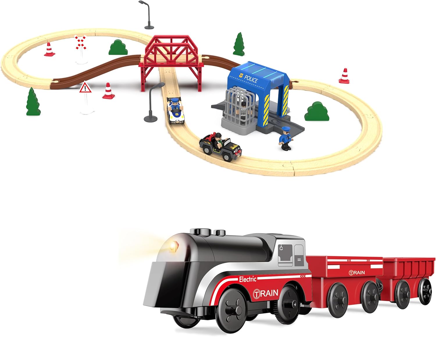 Toy Battery Powered Train Set for Wooden Tracks, Motorized Electric Trains Toys with 52Pcs Railway System Compatible with Thomas & Friends, Brio