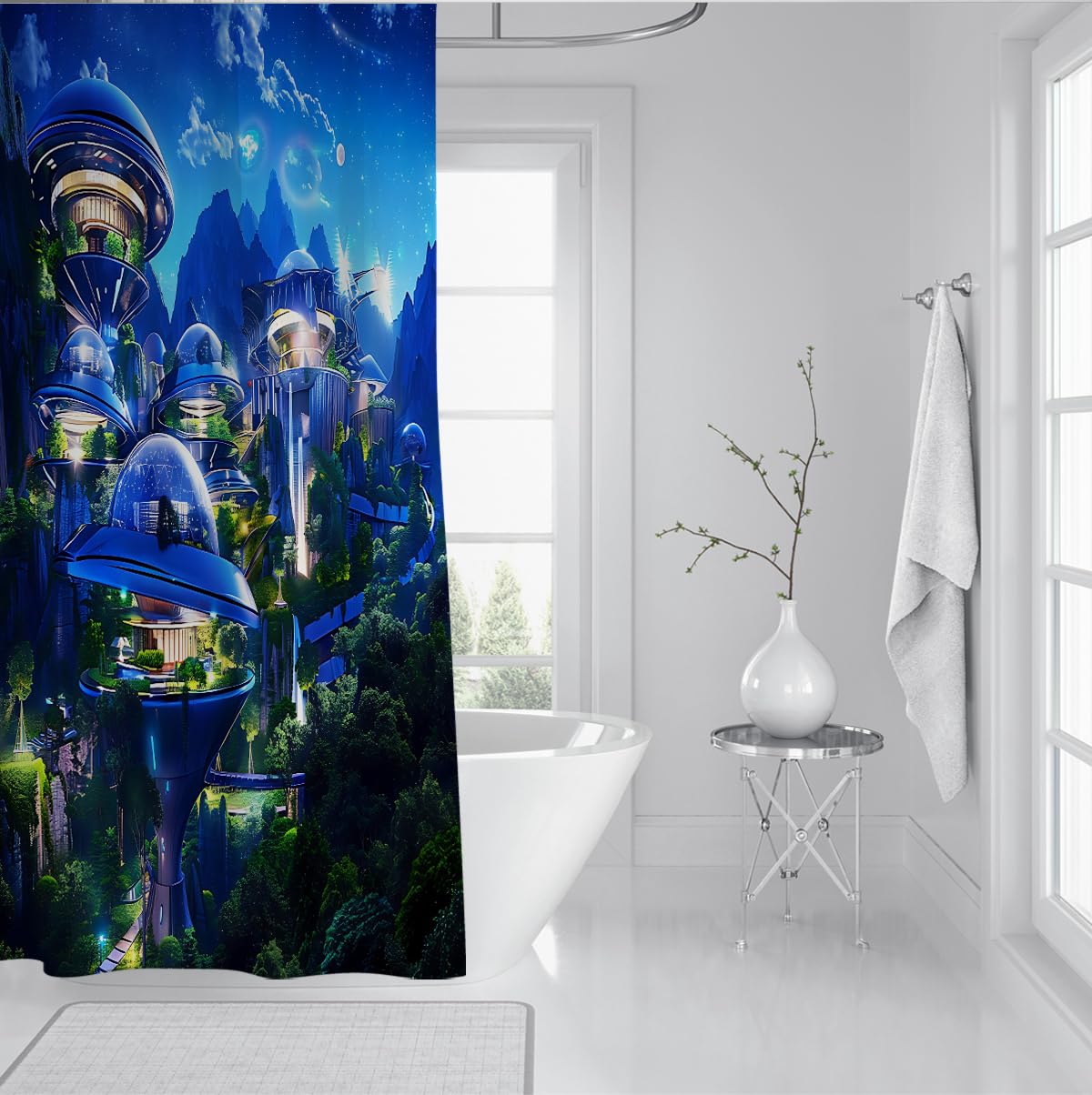 Futuristischer Sci-Fi Duschvorhang für Waschraumdeko W180xL200 cm