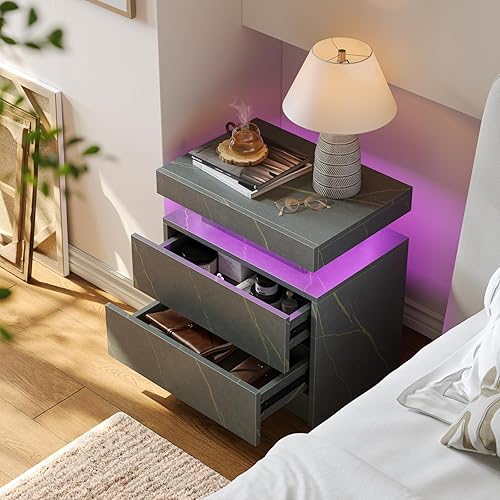 Miniatura 3 de Juego de 2 mesitas de noche LED, juego de 2 mesitas de noche modernas, tiras de luz LED multicolor, cajón deslizante, almacenamiento de gran