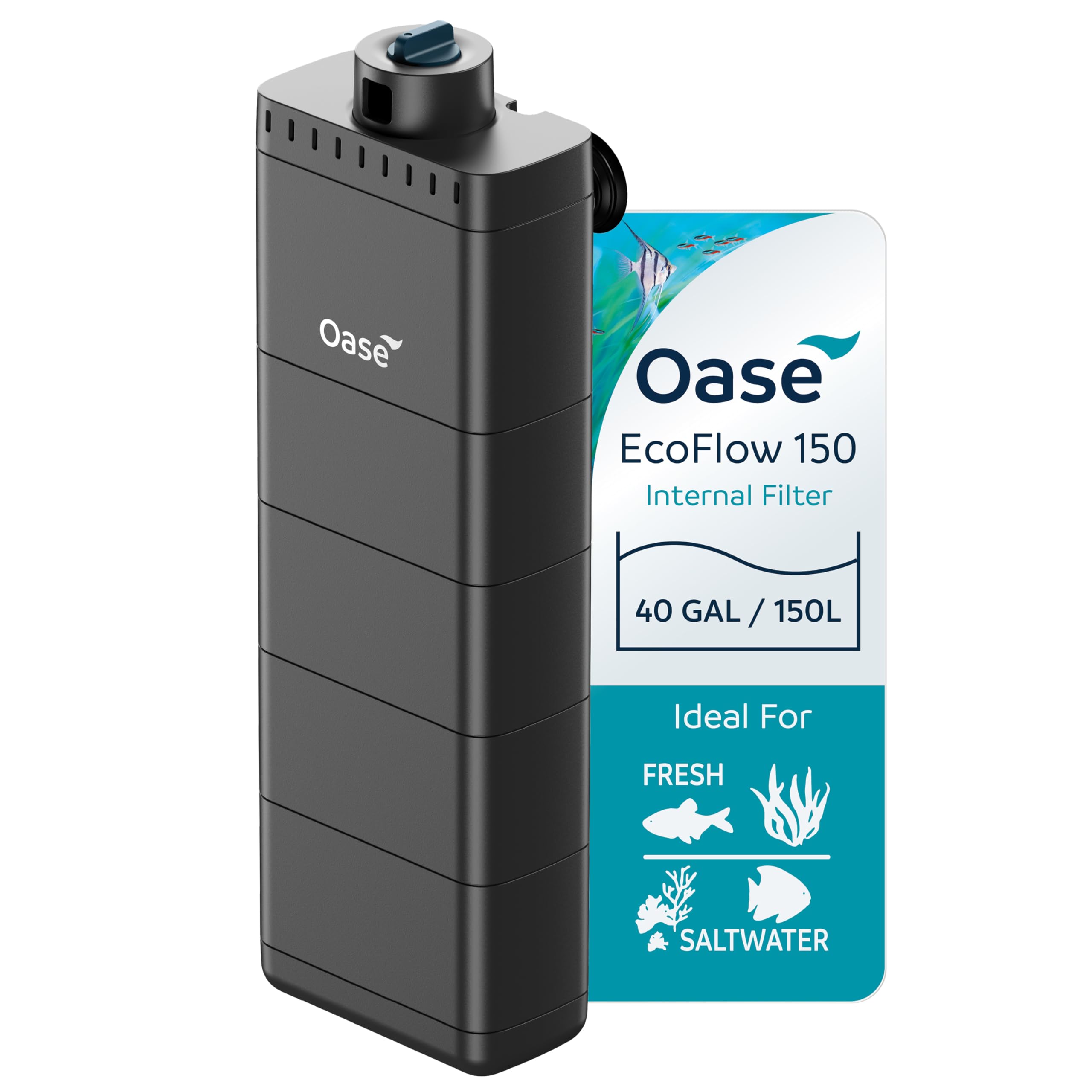 OASE EcoFlow 150 Filtre Interne d'aquarium, pour réservoirs d'eau Douce et d'eau salée jusqu'à 40 gallons, Silencieux, débit d'eau Personnalisable, Filtration en Plusieurs étapes
