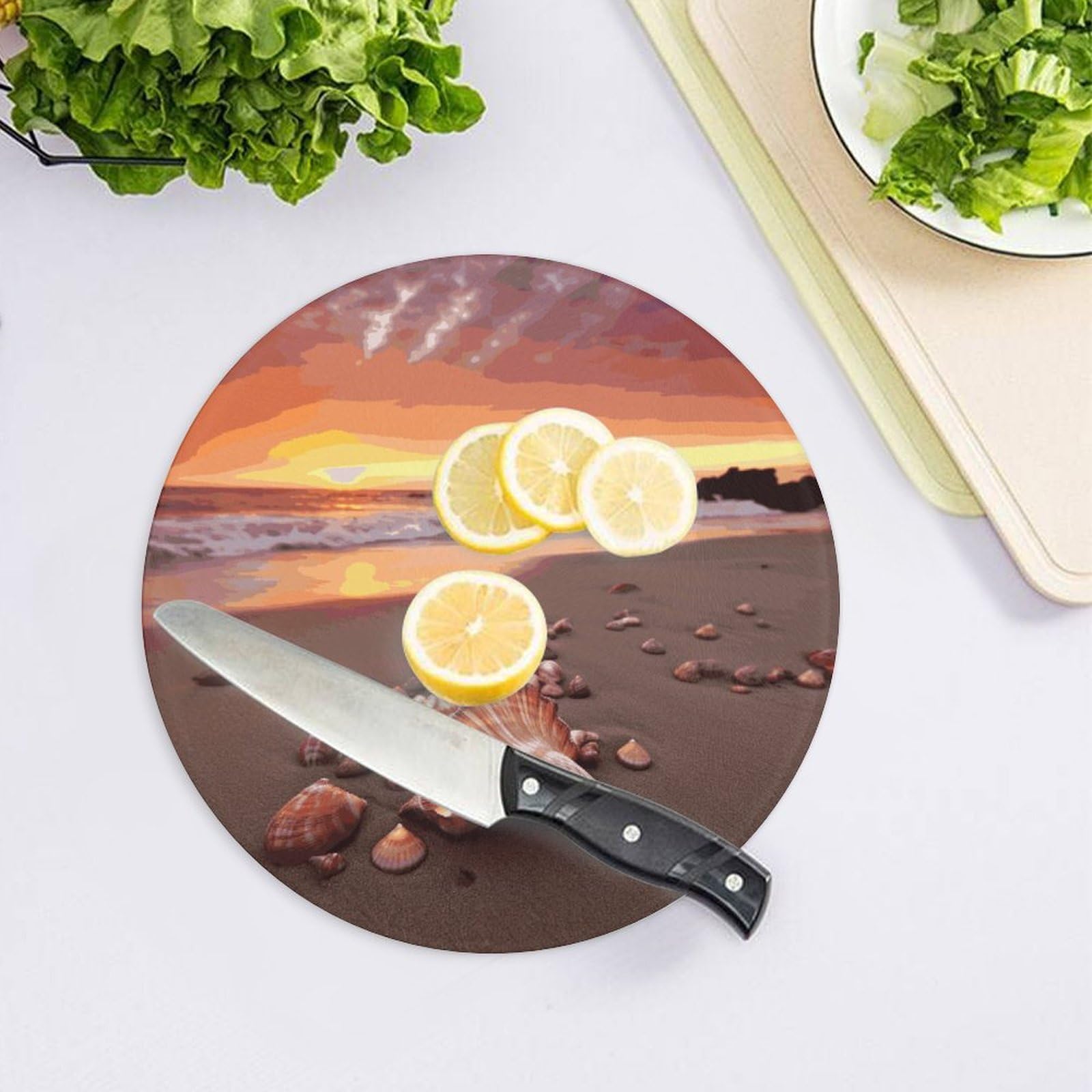 Shell Beach Sunset - Tabla de cortar redonda fácil de limpiar, tablas de cortar para cocina de tamaño grande 7.9, tablas de cortar esenciales de cocina convenientes para carne y verduras