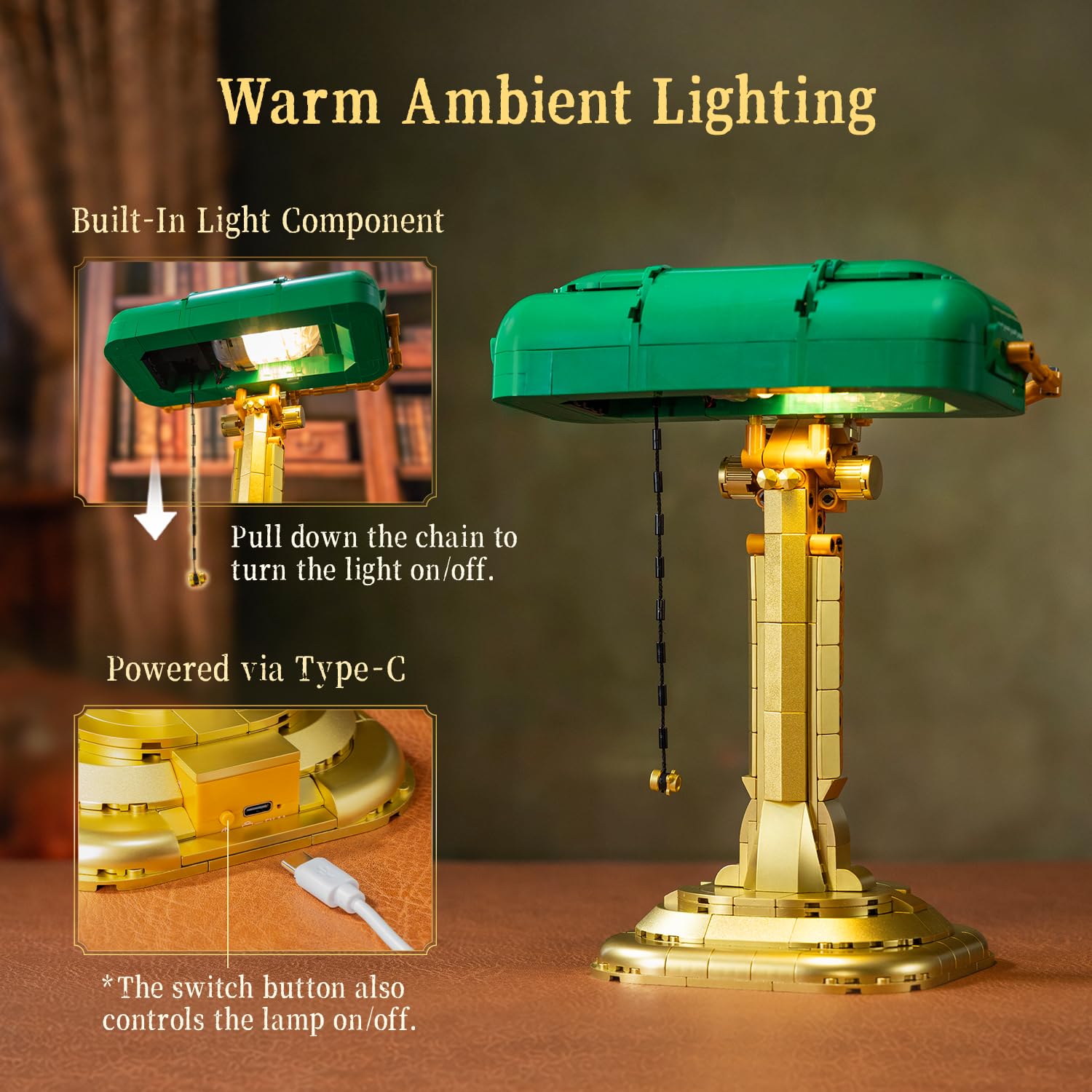 PANTASY Bankerlampe Bauset für Erwachsene, beleuchtetes Retro-Modell | Zugschalter mit Lichtfunktion und USB-C-Stromversorgung, grün-goldenes Retro-Display für Schreibtisch und Sammler