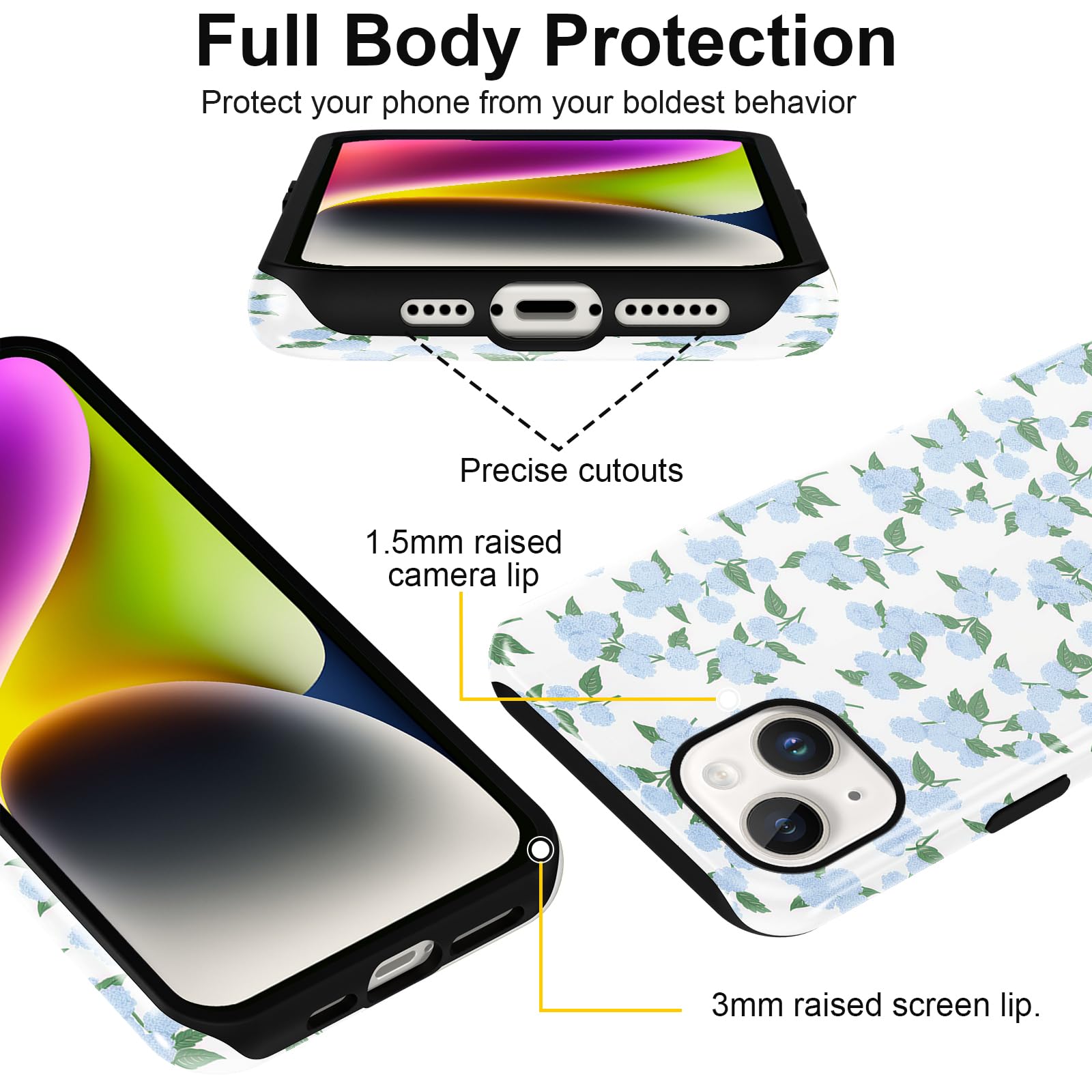 Funda protectora para iPhone 14/iPhone 13 de 6.1 pulgadas, diseño de flores de hortensias azules, funda protectora de silicona TPU suave a prueba de golpes para mujeres y niñas