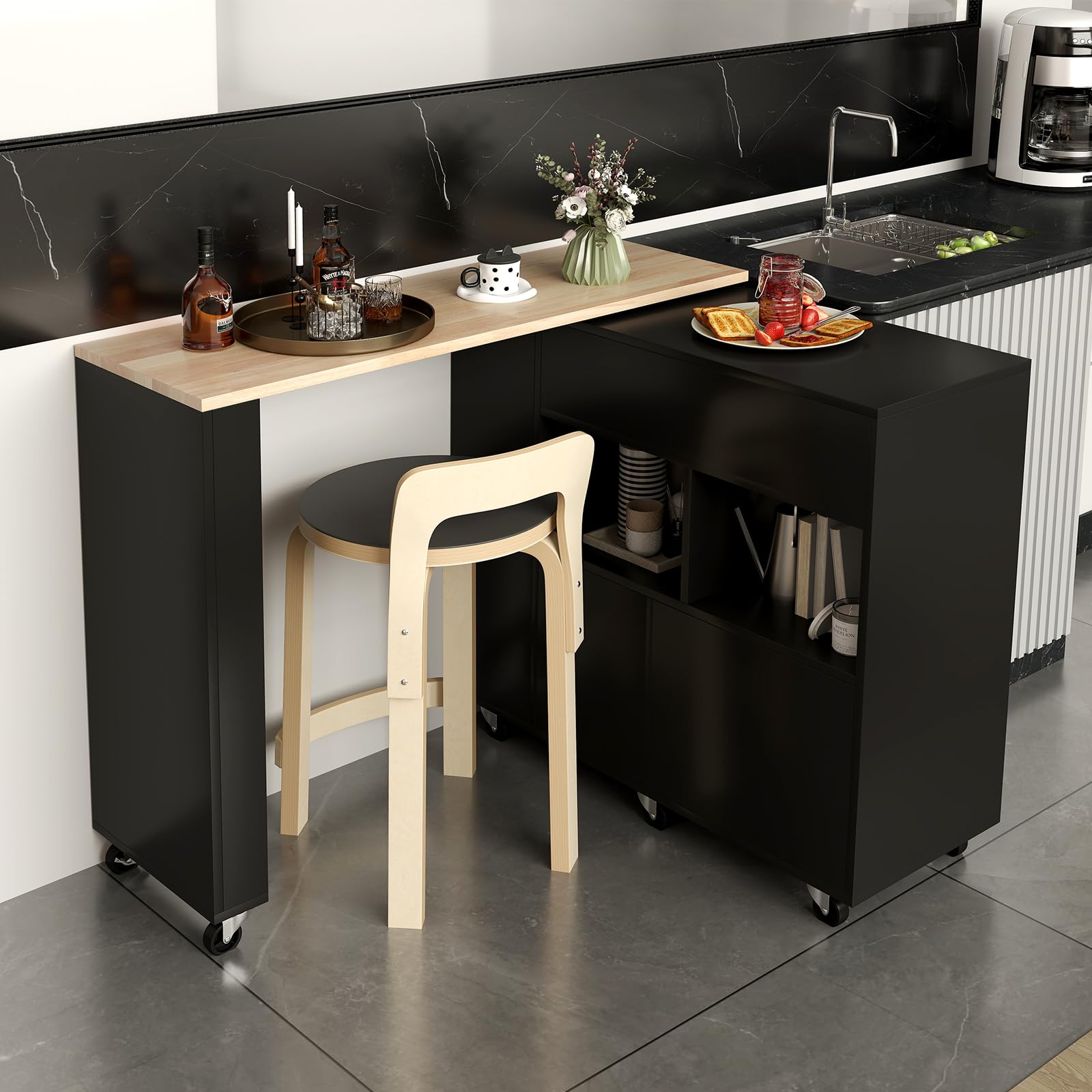 KOMFOTTEU Carro de Cocina con Encimera Giratoria, Isla de Cocina con Cajón, Botellero para 12 Botellas de Vino, Carrito Auxiliar con Estante Ajustable, Mueble Buffet para Comedor, Bar (Negro)