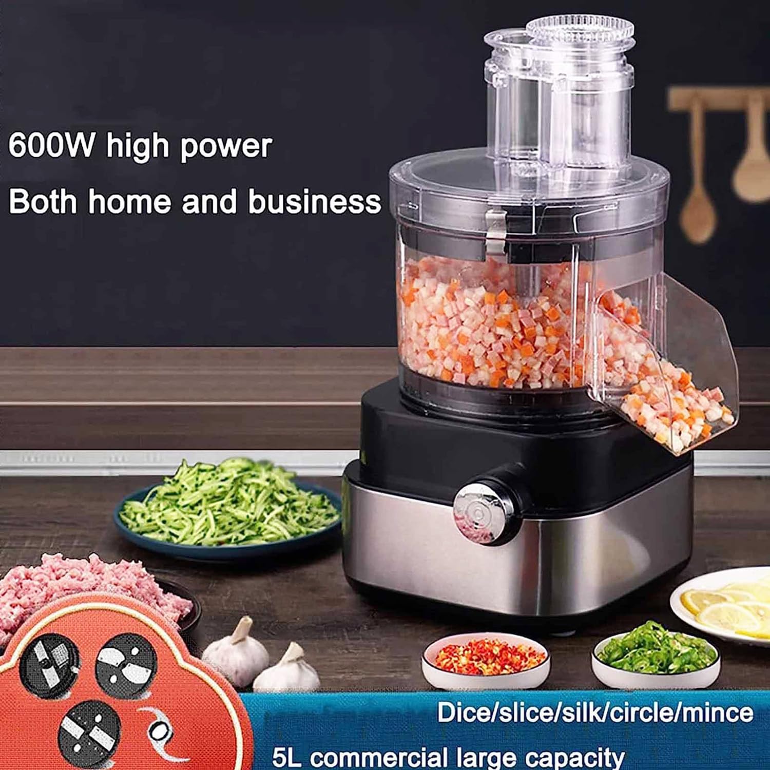 Robot da Cucina Professionale 600W,Tagliaverdure Elettrico con 5 Dischi per Cubetti,Fette e Grattugia,Grande capacità 5 Litri,Tritatutto Multifunzione per Tutte Le Verdure e la Frutta