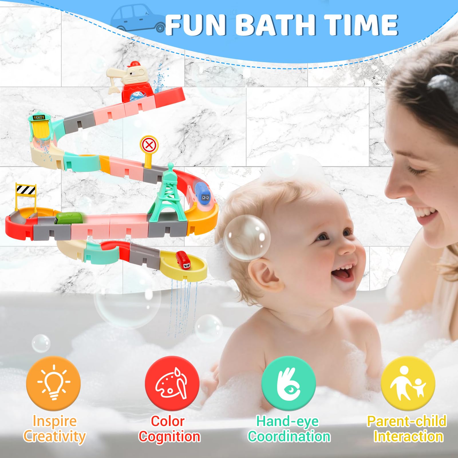 JoiTale Kids Bath Toys, 47 PCS DIY Bath Track Game Shower Water Toys, Traffic Theme Slideway Toy with Suction Cups & Cars - Image 2