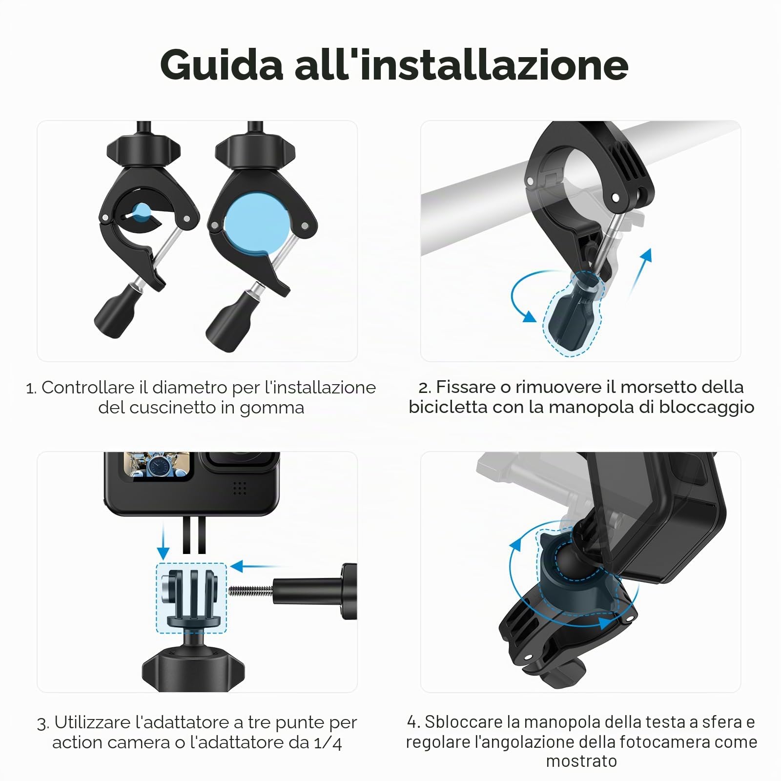 AFAITH Supporto Manubrio Moto Bici per Gopro Hero 12 11 10 9 8 7 6, 360° Ruotabile Leggero Moto Supporto Tubo Morsetto per Insta360 Action Cameras