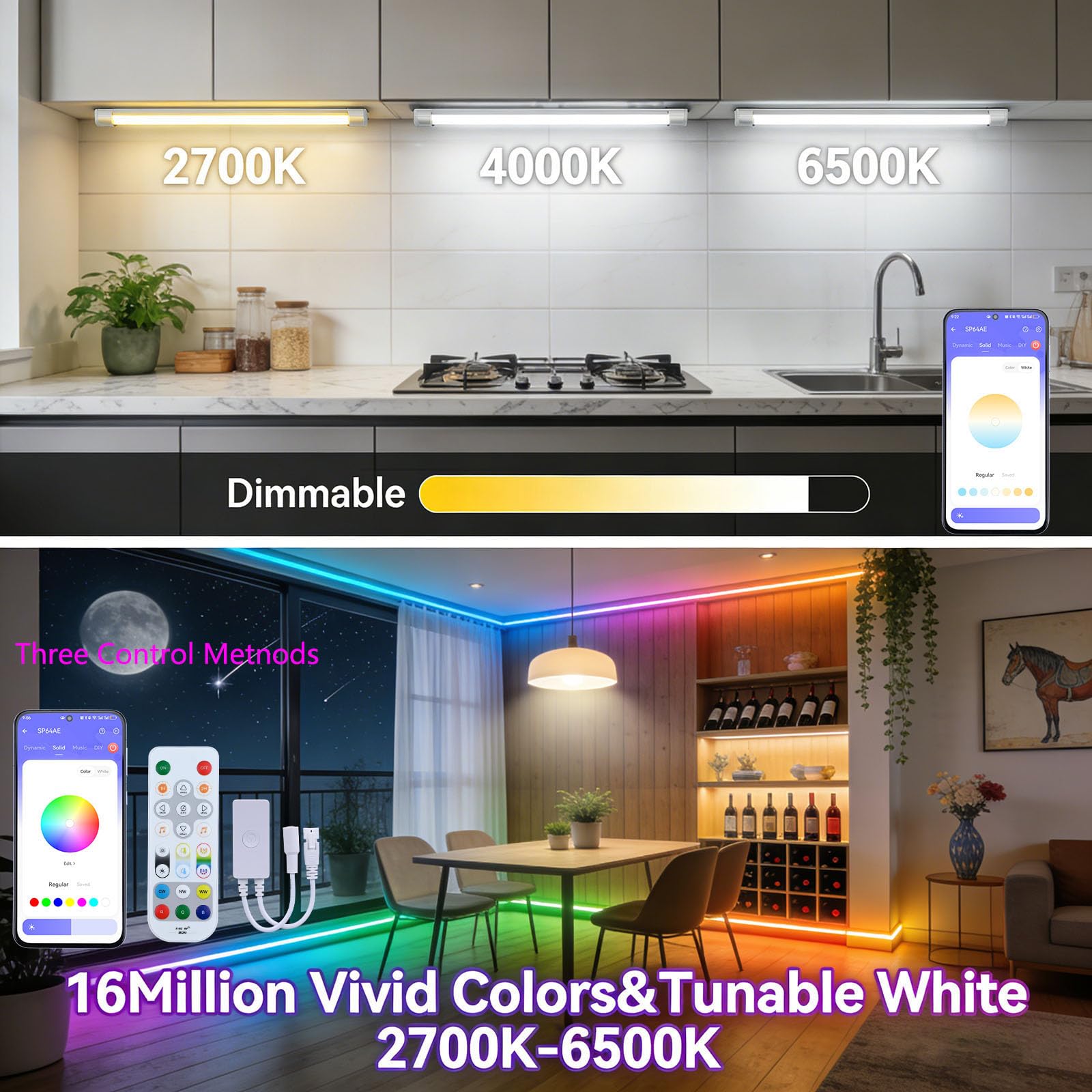 Tira LED COB RGBW CCT IC 10M 24V 840LED/M Kit, Blanco Ajustable 2700K-6500K 8400 LEDs WS2811 Ancho 10mm Direccionable Multicolor Cambio de Color Para Dormitorio, Gaming, Fiestas
