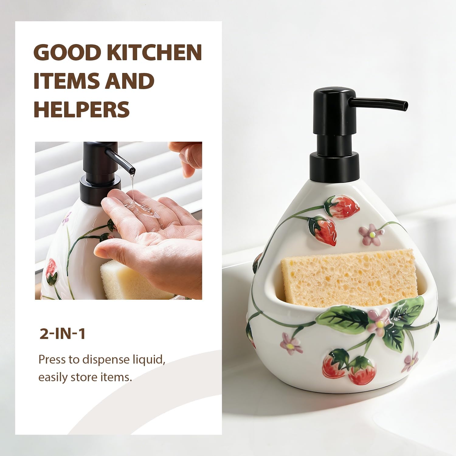 Ceramic Soap Dispenser with Sponge Holder,22oz Charming Strawberry 3D Embossed Design - 2-in-1 Kitchen Hand & Dish Liquid Soap Pump Set for Countertop Sink, Cute Cottagecore Character in White