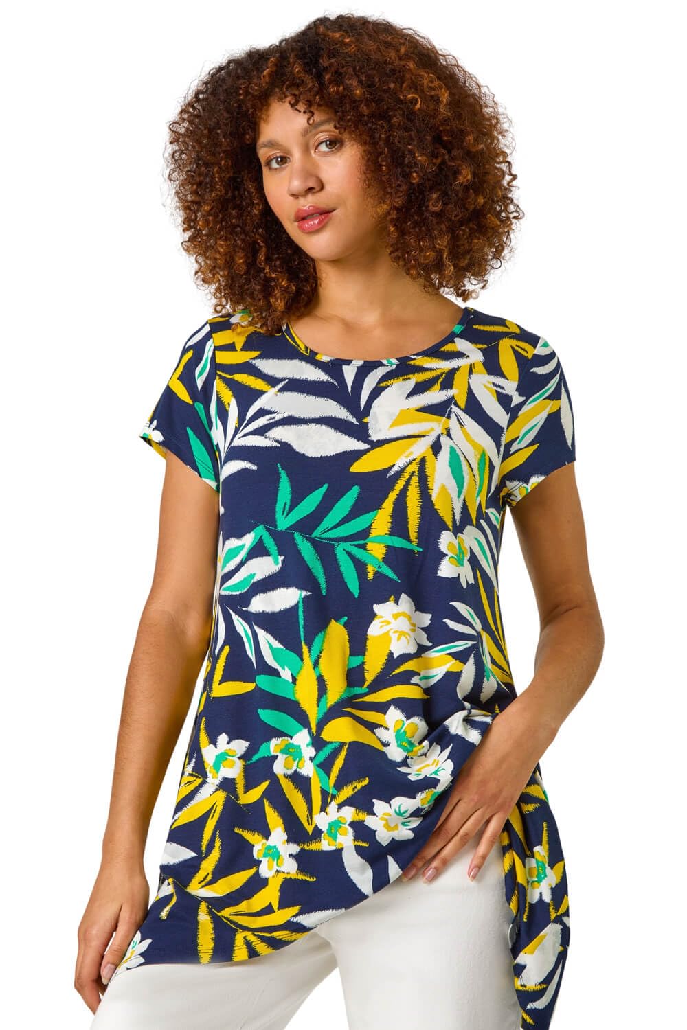 Roman Women's Yellow Leaf Print Hanky Hem Tunic Top In | : Size 14