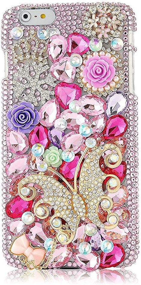 STENES Bling Phone Case Compatible with iPod Touch 5/6th Case - [Luxurious Series] 3D Handmade Shiny Crystal Sparkle Bling Case - Crystal Butterfly Crown Snow Rose Flowers/Pink
