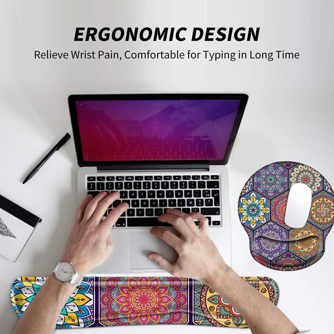 Wrist Rest for Computer Keyboard and Mouse Pad with Wrist Support Gel, Colorful Mandala Ergonomic Mousepad Comfortable Keyboard Pad Set Non-Slip Base Come with A Cute Coaster