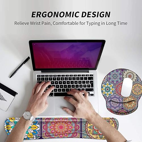 Miniatura 6 de Reposamuñecas para teclado de computadora y alfombrilla de mouse con gel de soporte de muñeca, colorido mandala ergonómico, cómodo juego de