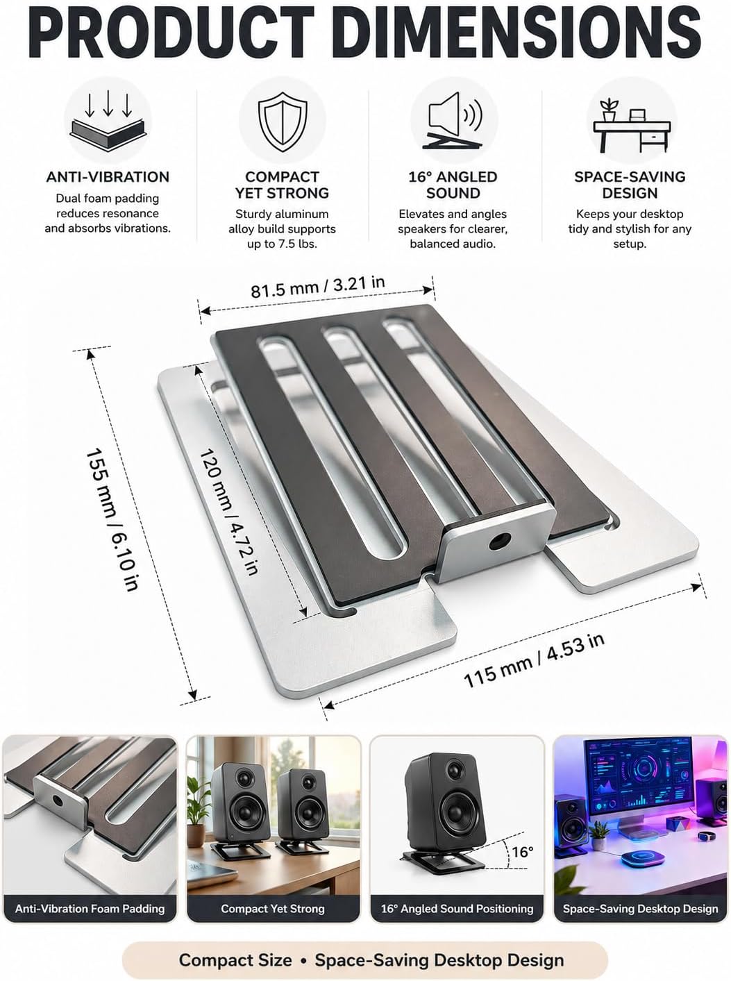 U-Z2 【2PACK】 Desktop Speaker Stands Pair for Small Speakers, Tilted Steel Tabletop Stands with Foam Padding, Fits Compact Studio Monitors, Computer Speakers (A/Gray) image 5