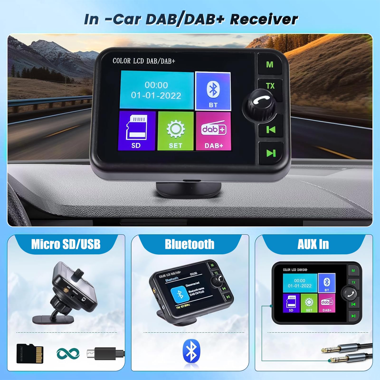 DAB Adapter für Autoradio 2,4'' LCD Tragbares DAB+ Autoradio Adapter mit FM Audio Transmitter, Bluetooth Freisprecheinrichtung, Bluetooth Musik, AUX In&Out, Unterstützung TF Karte