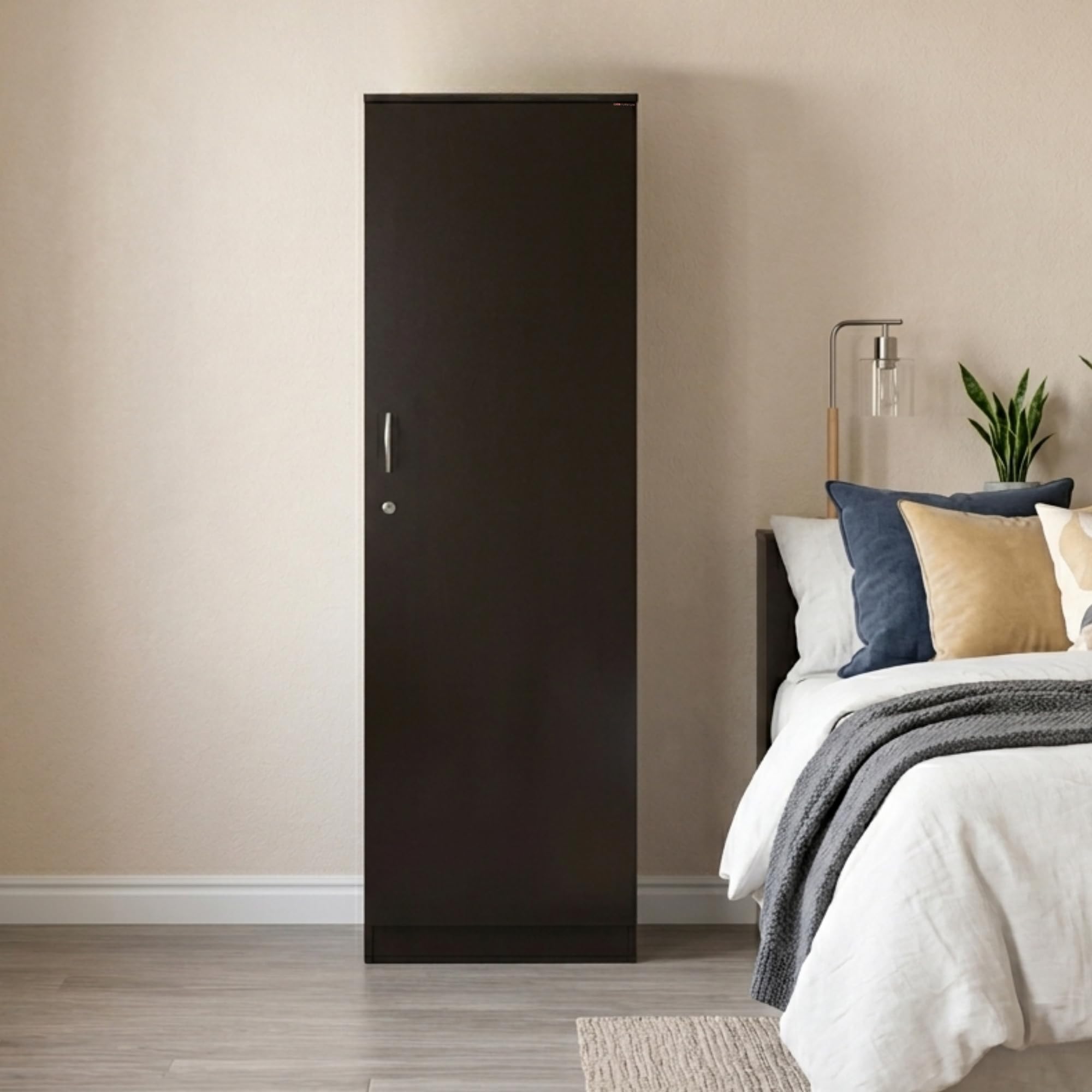 Single Door Wooden Wardrobe for Bedroom Engineered Wood Clothes Almirah with Drawer, Multi Storage Shelves & Lockable Storage Wenge Finish Slim Wardrobe Cabinet Without Mirror 72 x 16 x 16 Inch-image-30