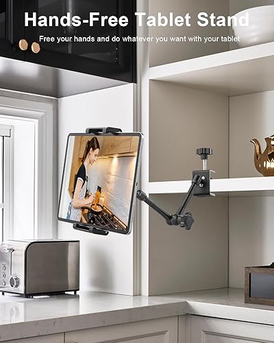 Miniatura 6 de Soporte de tableta para armario de cocina, brazo ajustable de metal, soporte para tablet debajo del mostrador para escritorio y cama con abrazadera