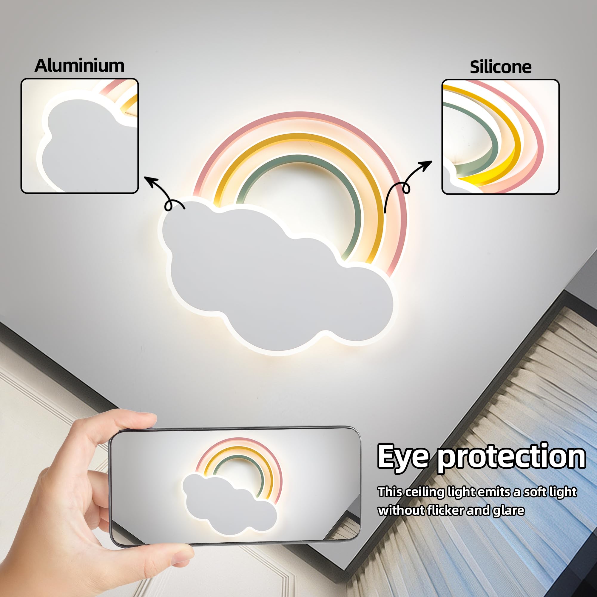 Kinder Deckenleuchte LED Regenbogen Wolken Design 40W 3400LM Dimmbar mit Fernbedienung & Wandschalter, Farbtemperatur 3000K-6500K, Nachtlicht, Timer, für Kinderzimmer Schlafzimmer Spielzimmer Ø40cm