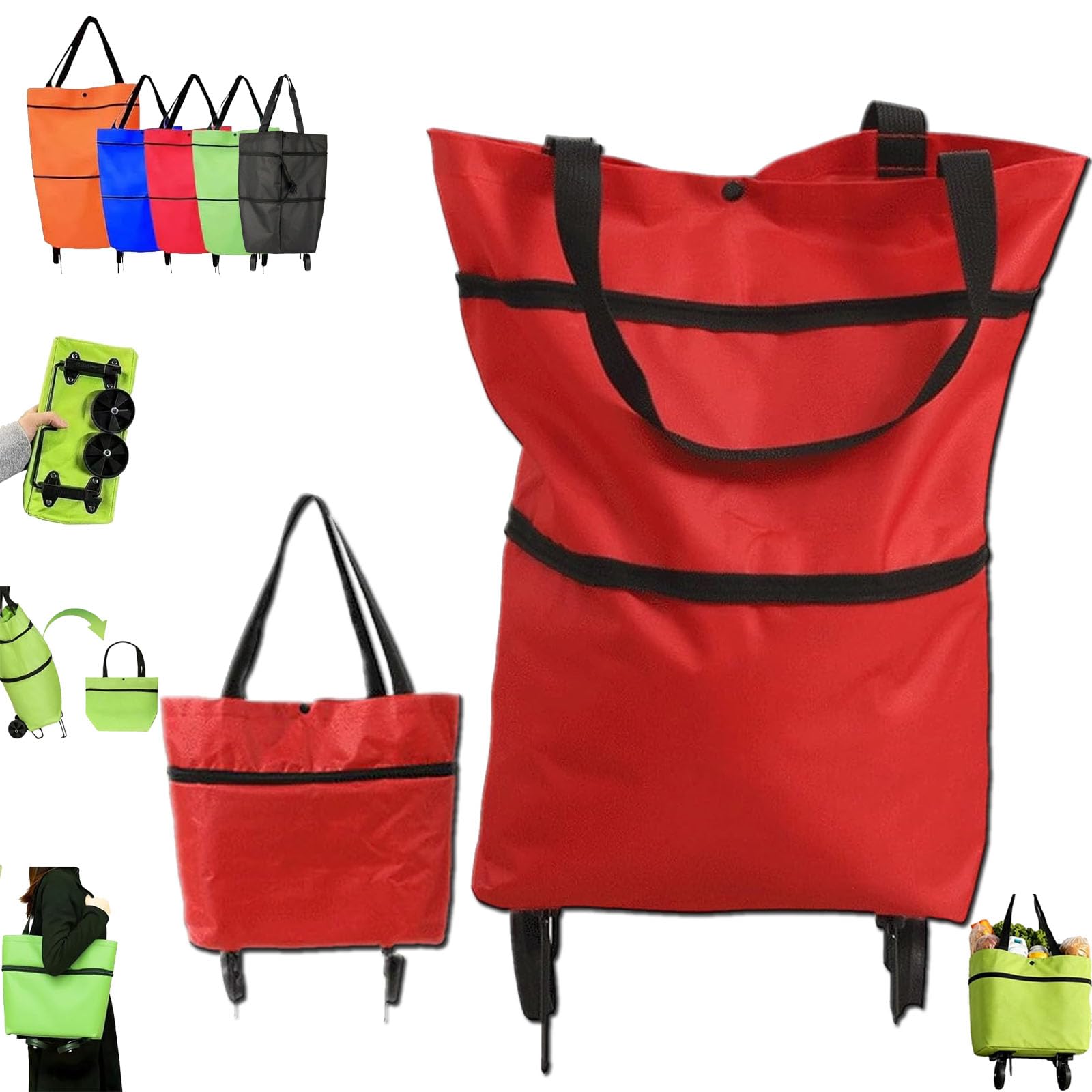 2-in-1 Foldable Shopping Cart with Large Capacity Oxford Cloth (Red)