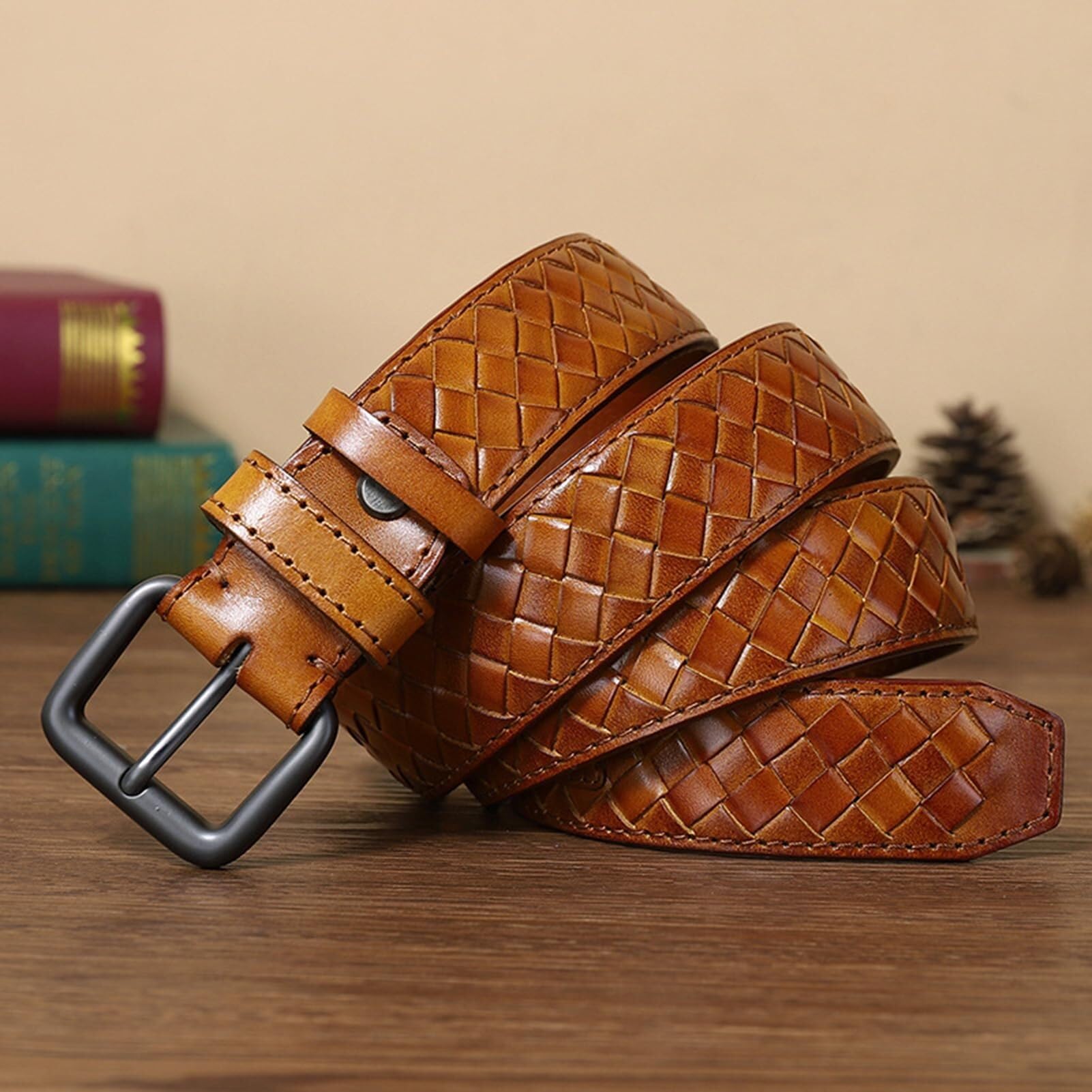 Cintura in vera pelle pieno fiore for uomo/donna, motivo a quadri con motivo intrecciato, cinturino lavorato in rilievo, larghezza 3,3 cm, spessore 4 mm