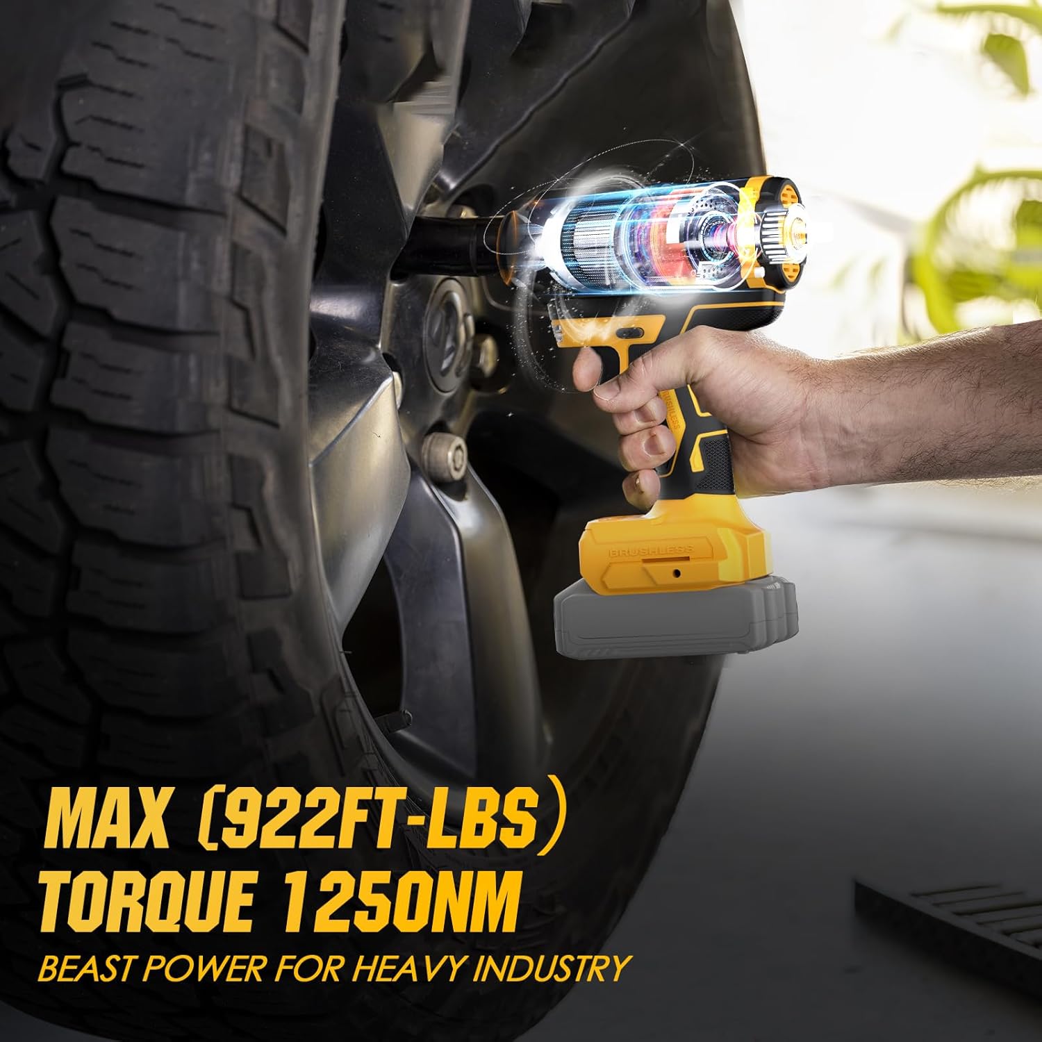 Cordless Impact Wrench 1/2, 20V Electric Impact Gun 3300 RPM & Max Torque (1250N.m) 922ft-lbs, Brushless Power Impact Driver with 6 Impact Sockets, Impact Wrench for Tire Lug Nuts