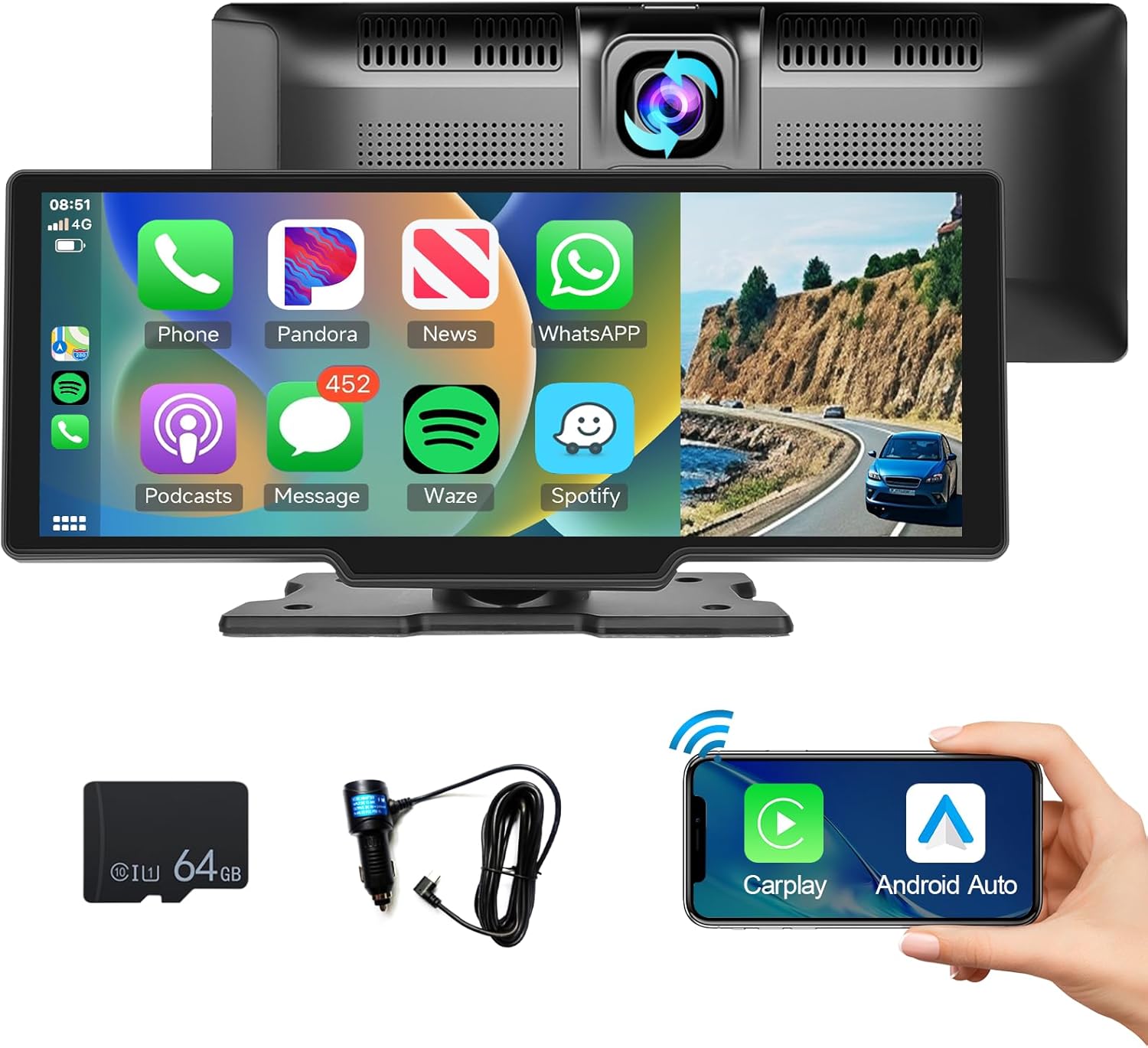 Podofo Wireless Apple Carplay Car Stereo, Portable 9.3" HD IPS Car Play Screen with